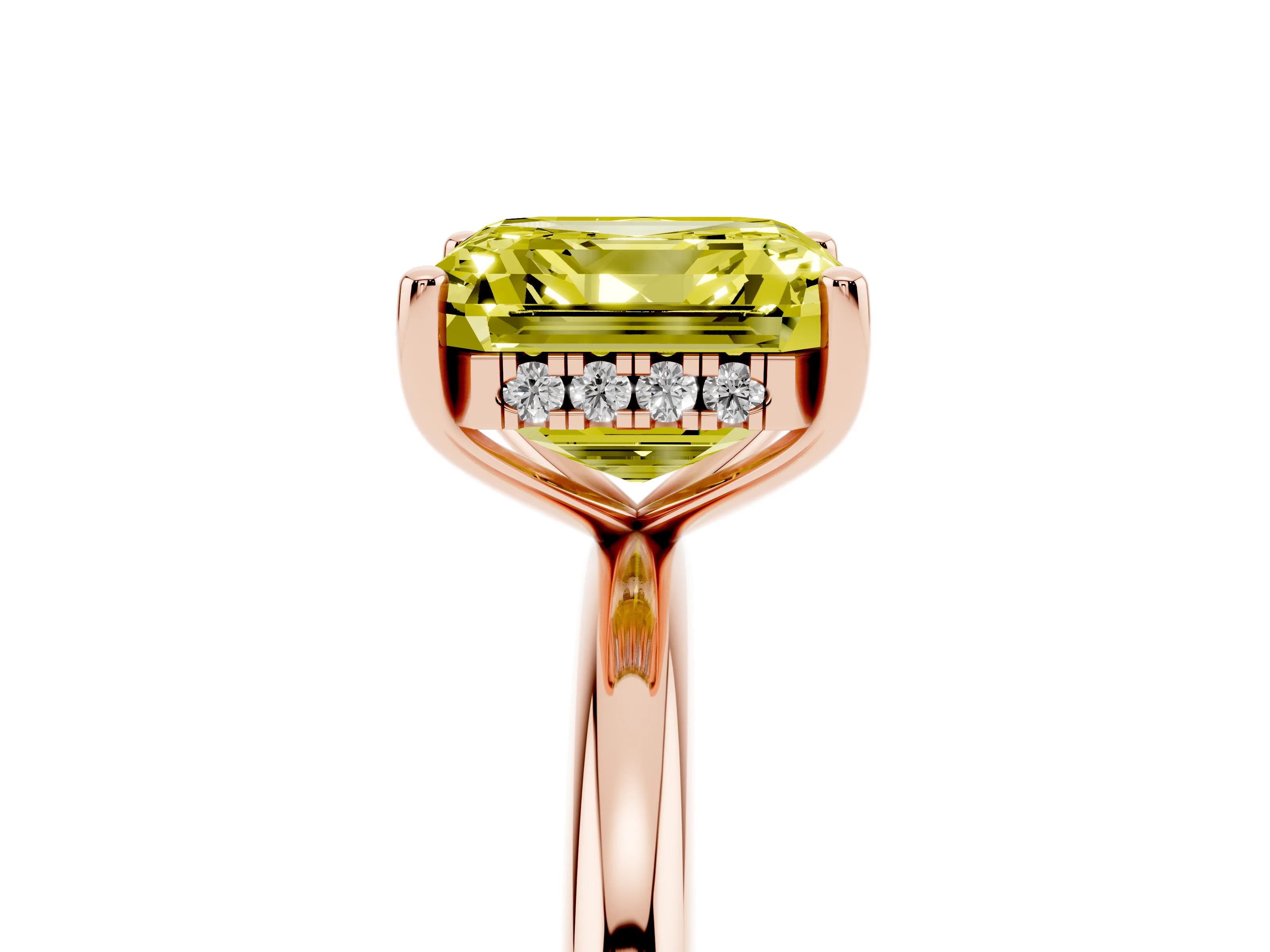 Fancy Yellow Asscher Cut Diamond Solitaire Engagement Ring Set in Rose gold with Prong Setting and Polished Band