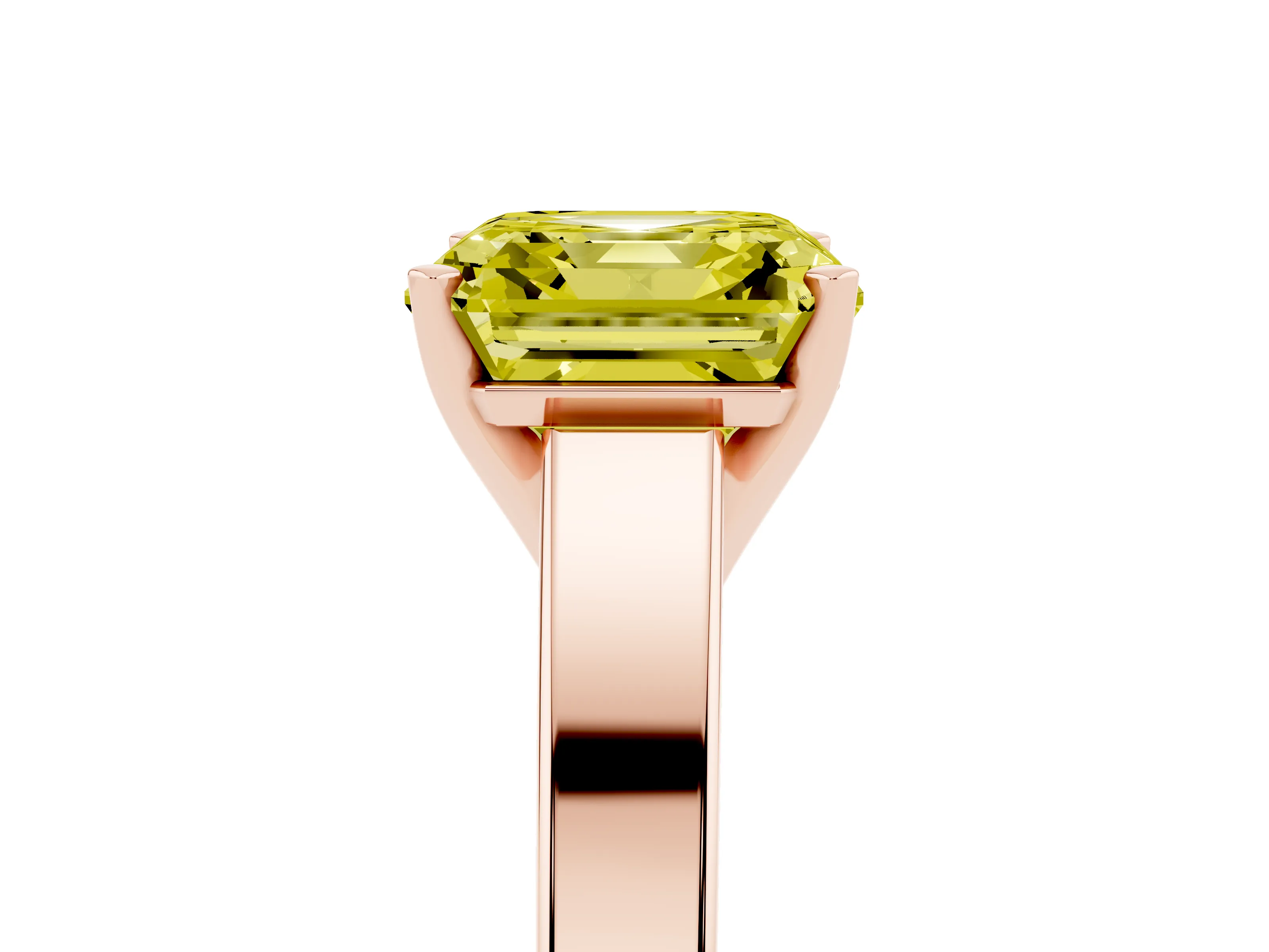 Fancy Yellow Asscher Cut Diamond Solitaire Engagement Ring Set in Rose gold with Prong Setting and Tapered Band