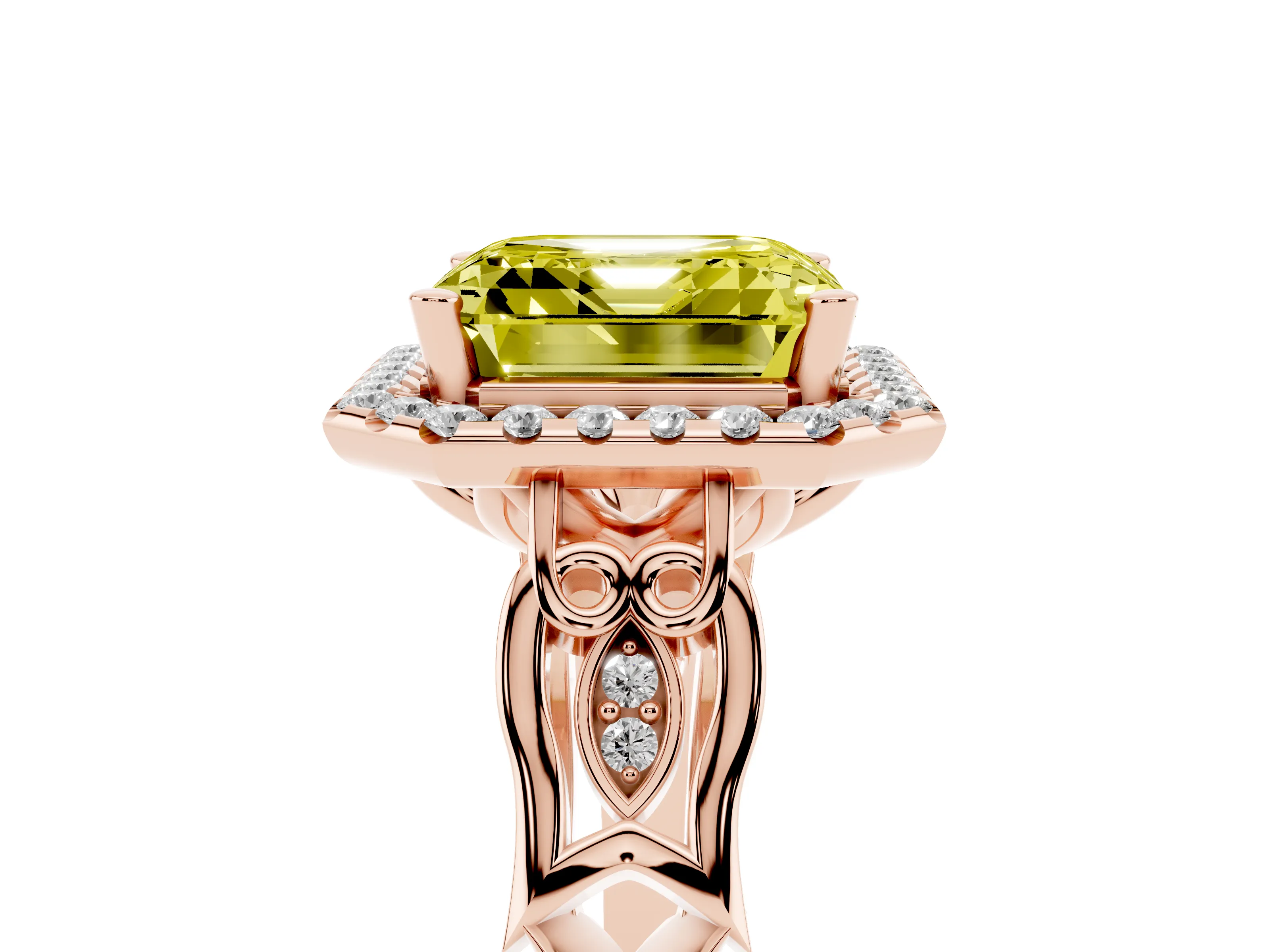 Fancy Yellow Asscher Cut Diamond Halo Engagement Ring Set in Rose gold with Filigree Band and Prong-Set Center