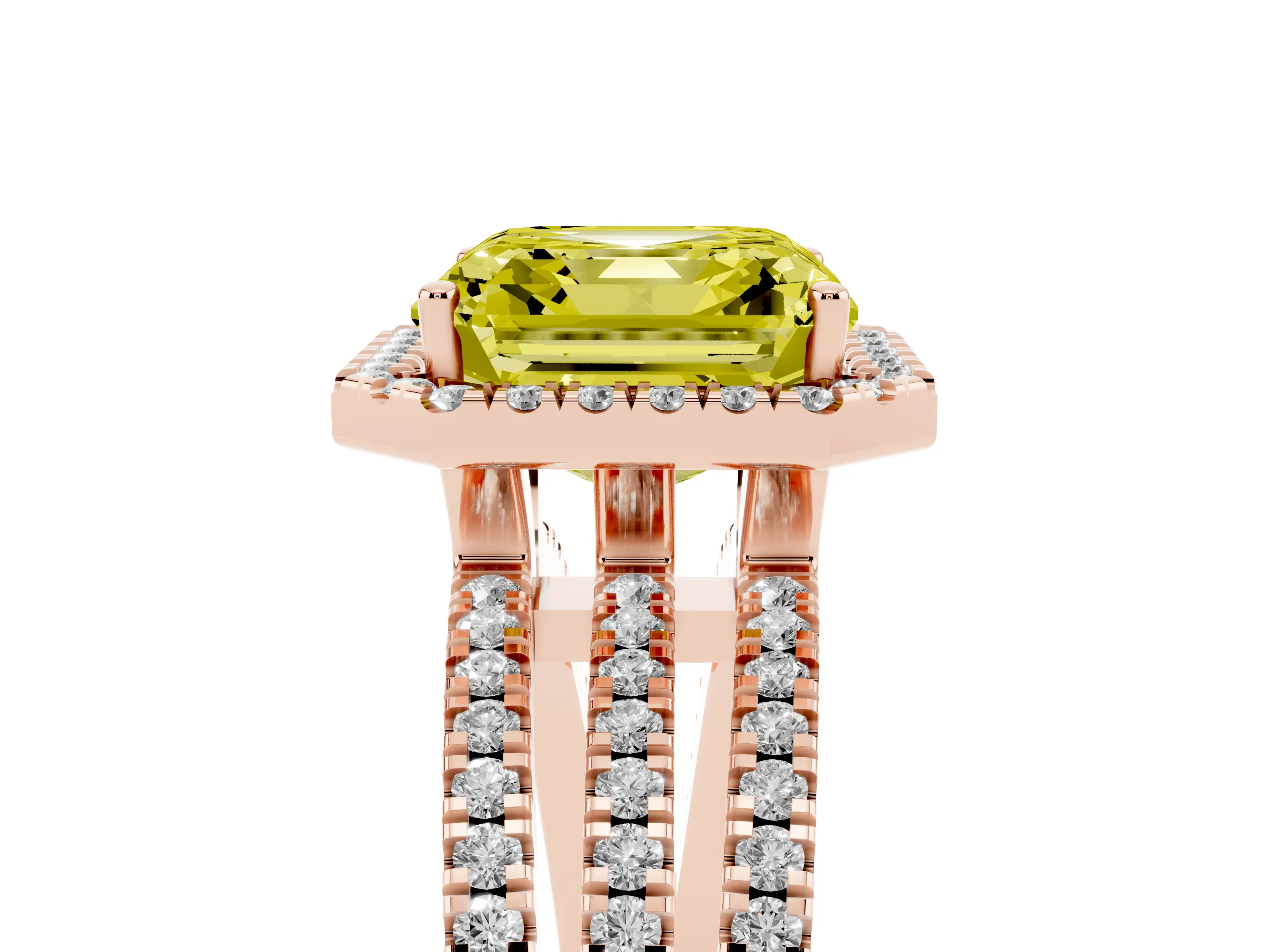 Fancy Yellow Asscher Cut Diamond Halo Split Shank Engagement Ring Set in Rose gold with Prong Setting