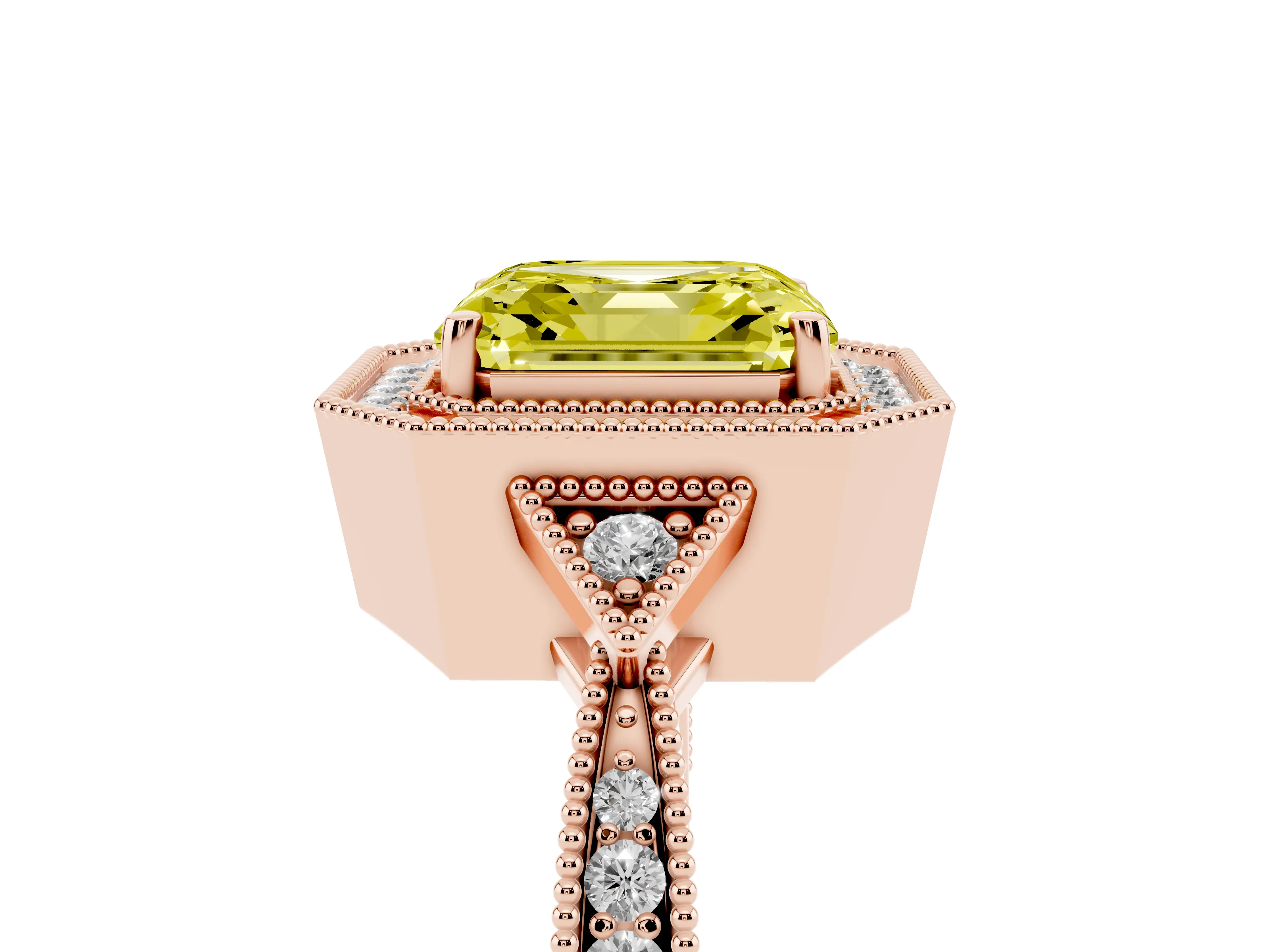 Fancy Yellow Asscher Cut Diamond Halo Engagement Ring Set in Rose gold with Milgrain Pavé Band