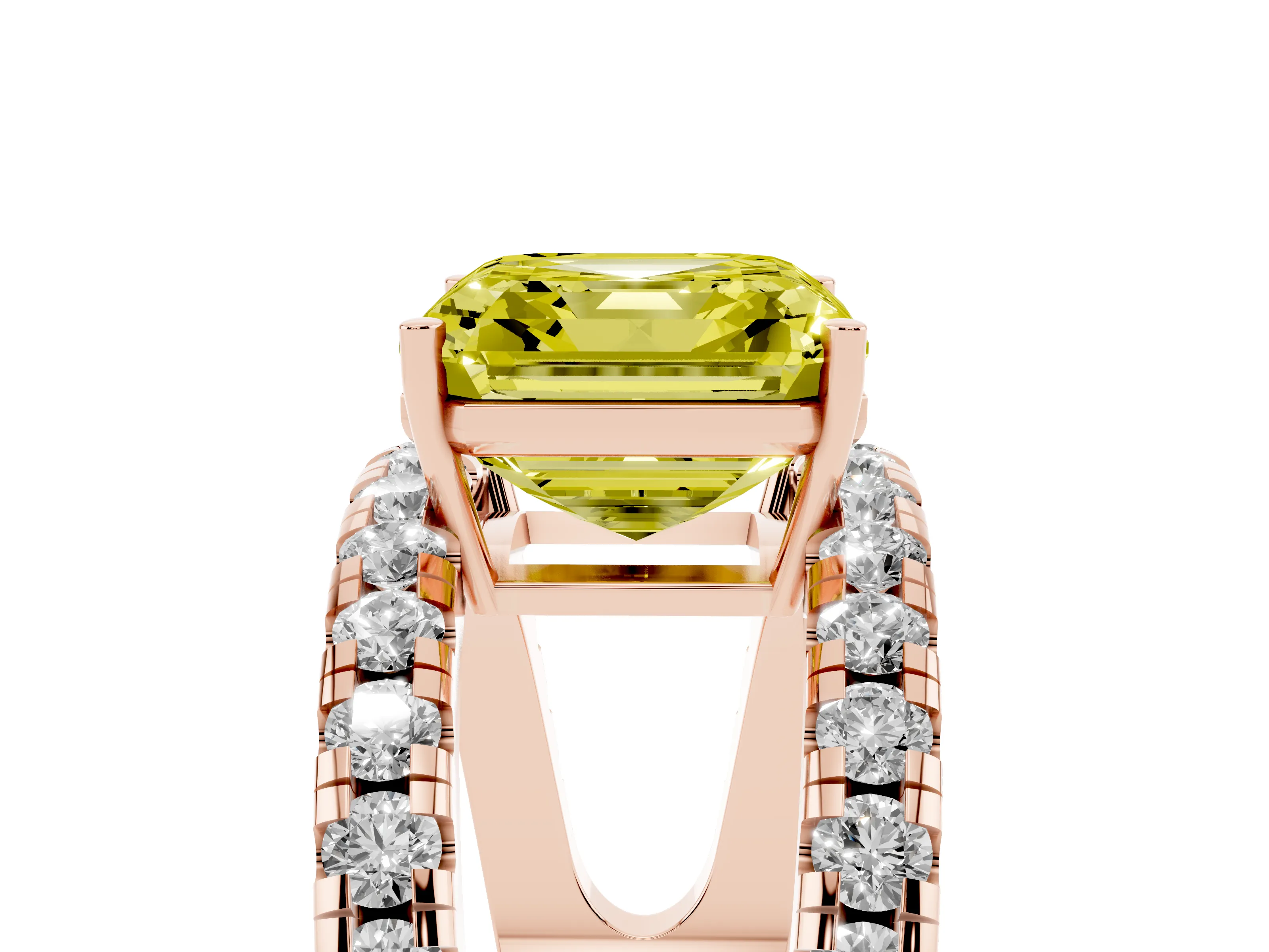 Fancy Yellow Asscher Cut Diamond Split Shank Pavé Solitaire Ring Set in Rose gold with Open Shank Design