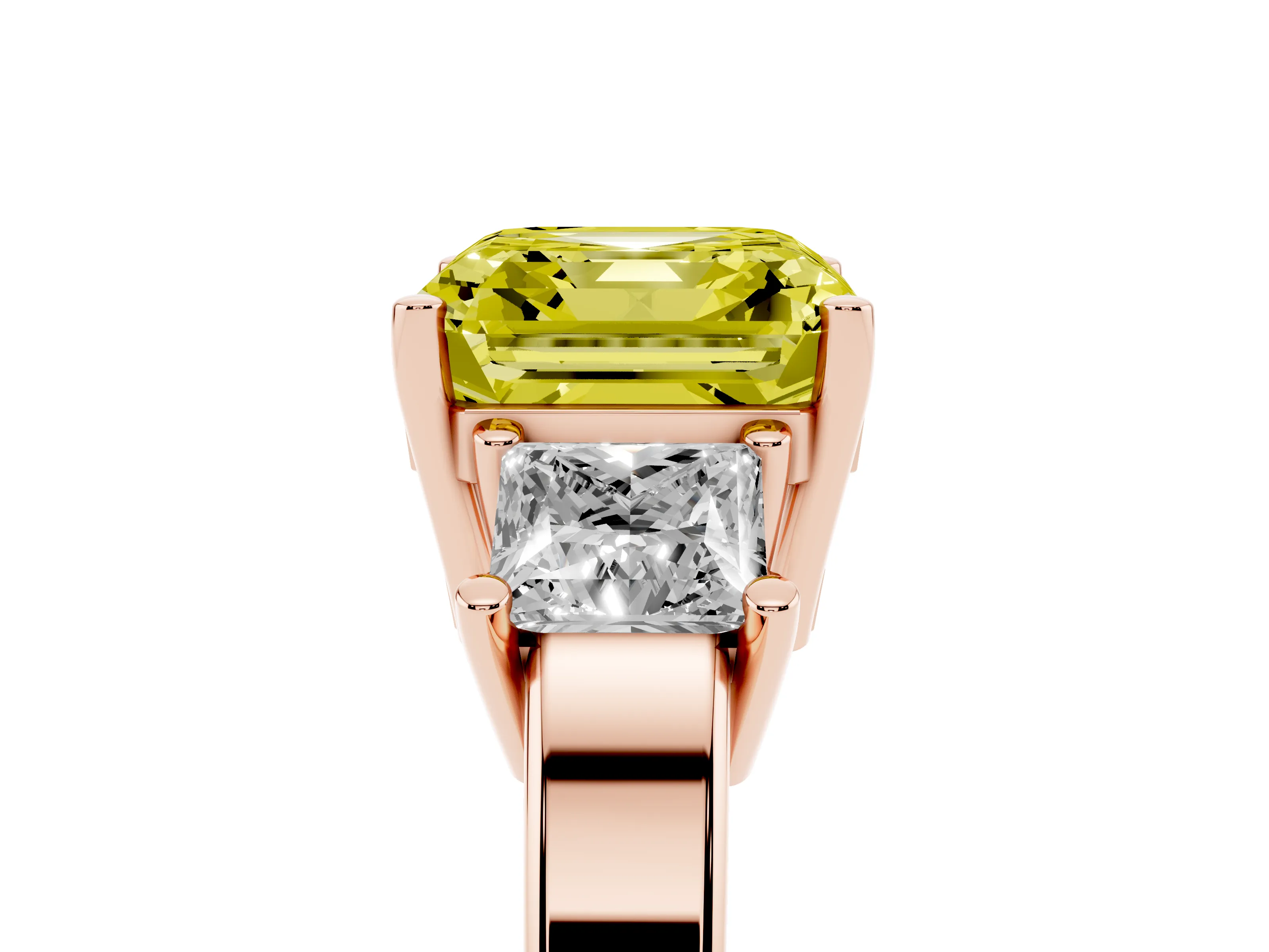 Fancy Yellow Three-Stone Asscher Cut Diamond Solitaire Ring Set in Rose gold with Prong Setting