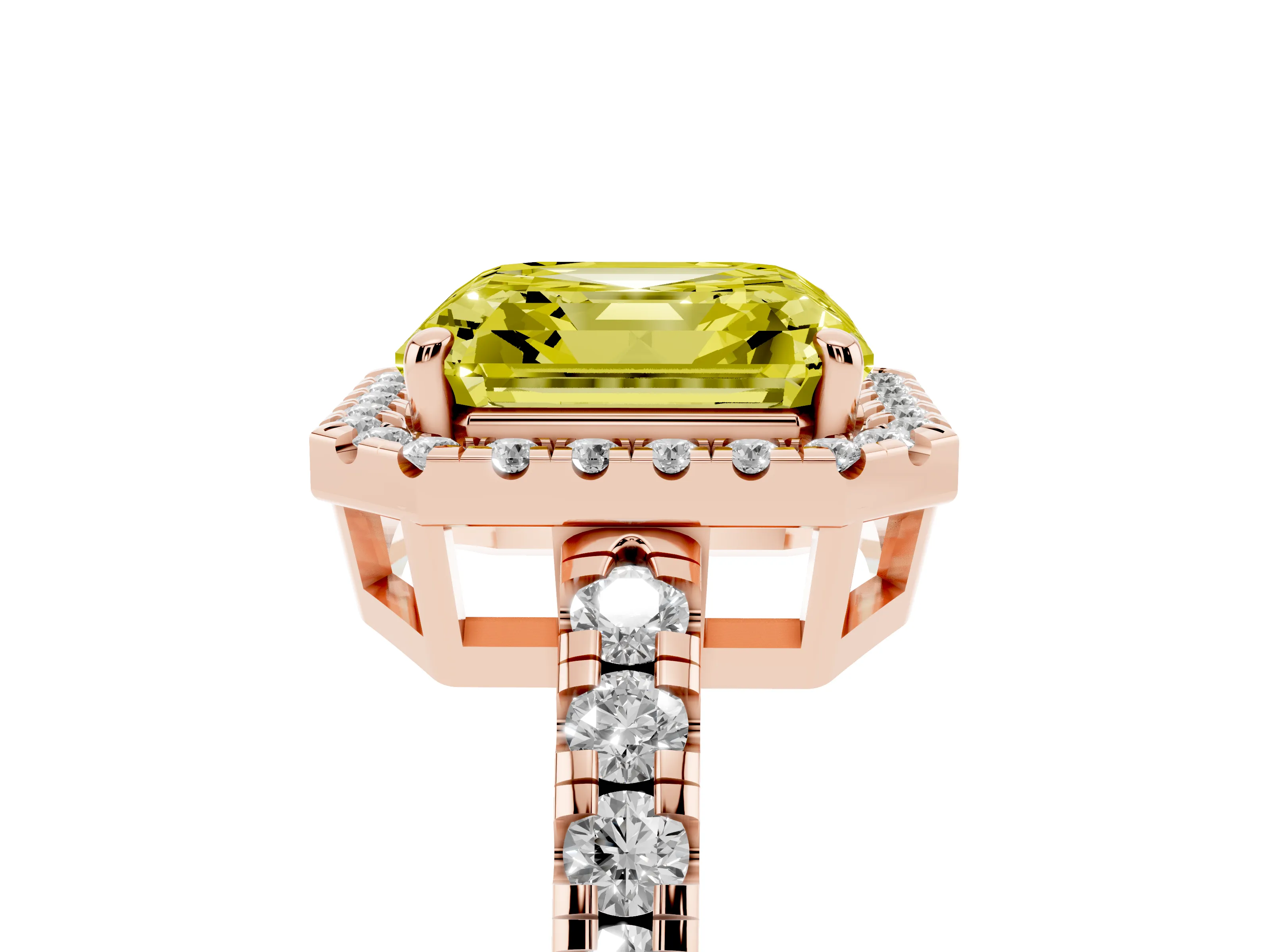 Fancy Yellow Asscher Cut Diamond Halo Ring Set in Rose gold with Delicate Pavé Band and Prong Setting