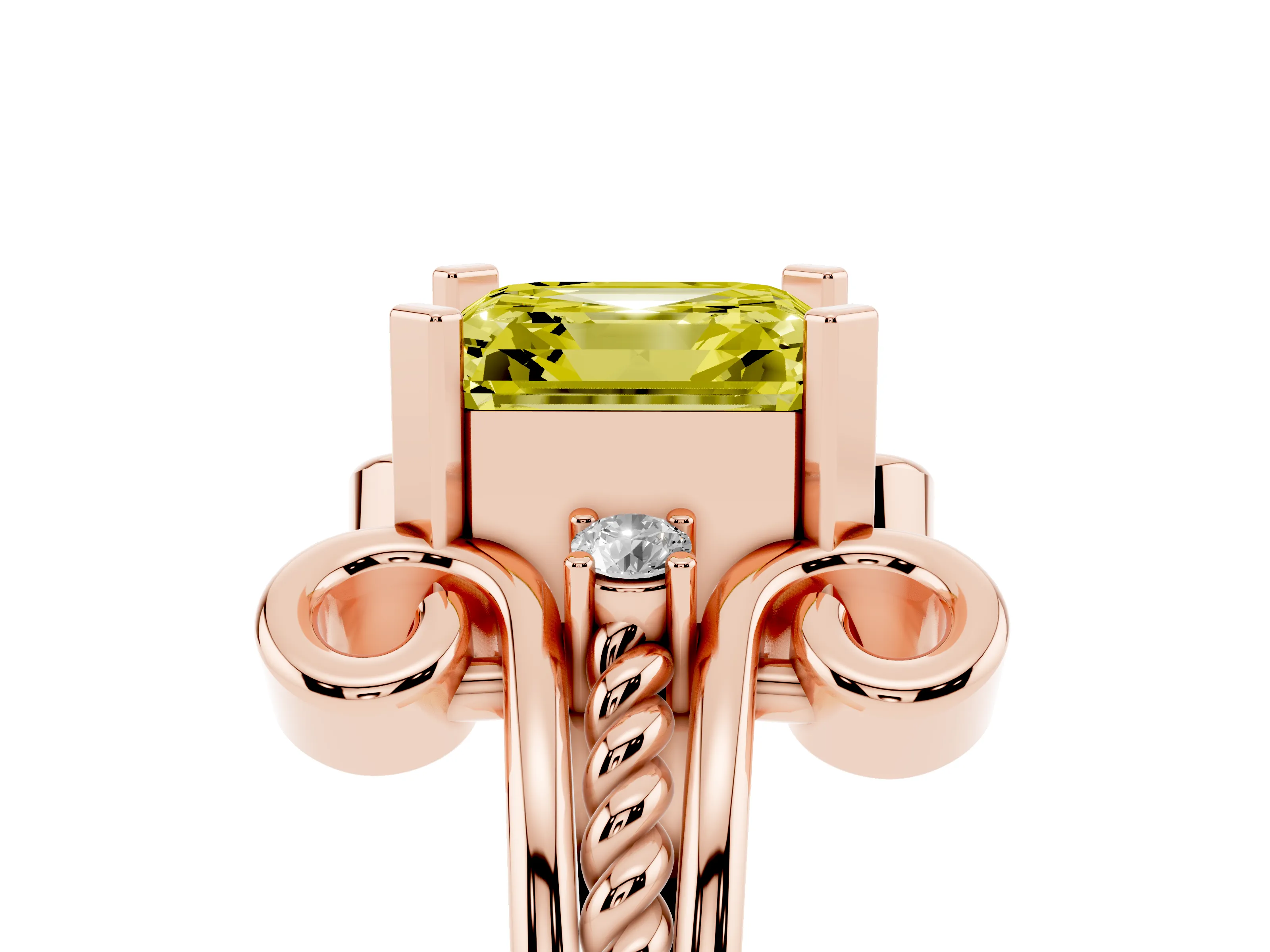 Fancy Yellow Asscher Cut Diamond Twisted Band Solitaire Ring Set in Rose gold with Scroll Prongs