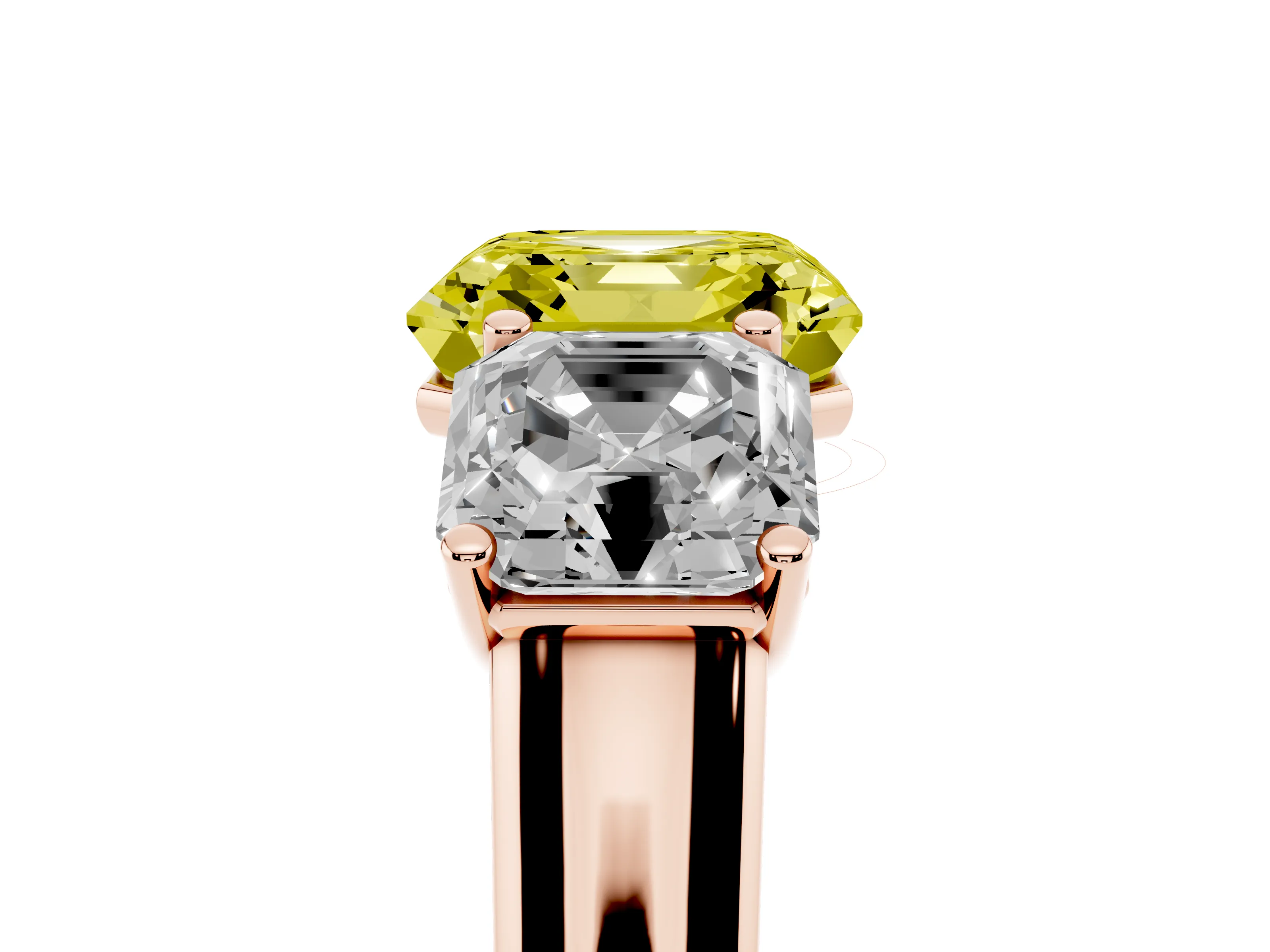 Fancy Yellow Asscher Cut Diamond Three-Stone Ring Set in Rose gold with Plain Polished Band
