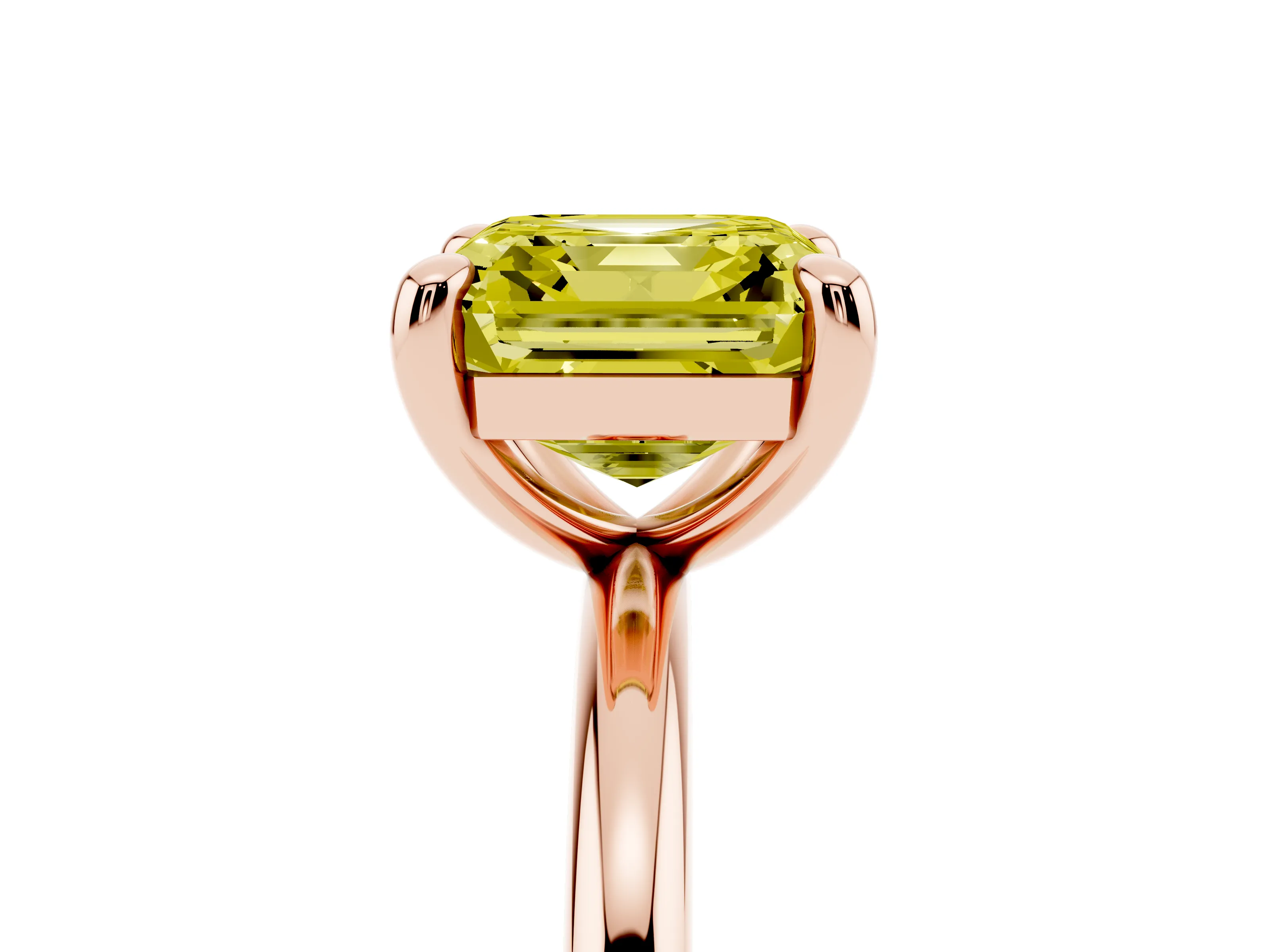 Fancy Yellow Asscher Cut Diamond Solitaire Ring Set in Rose gold with Prong Setting on a Polished Plain Band