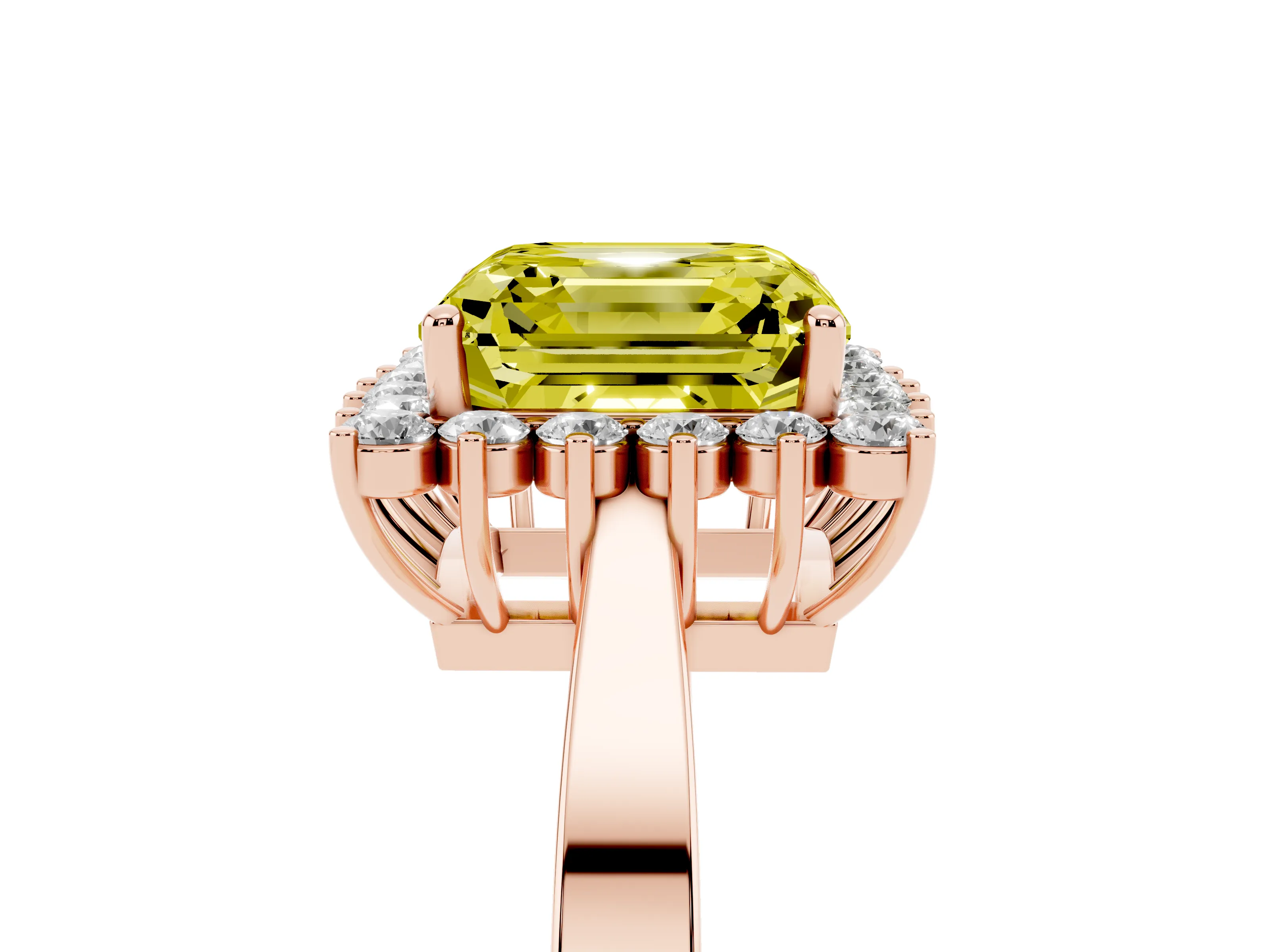 Fancy Yellow Asscher Cut Diamond Halo Ring Set in Rose gold with Round Halo and Smooth Solitaire Band