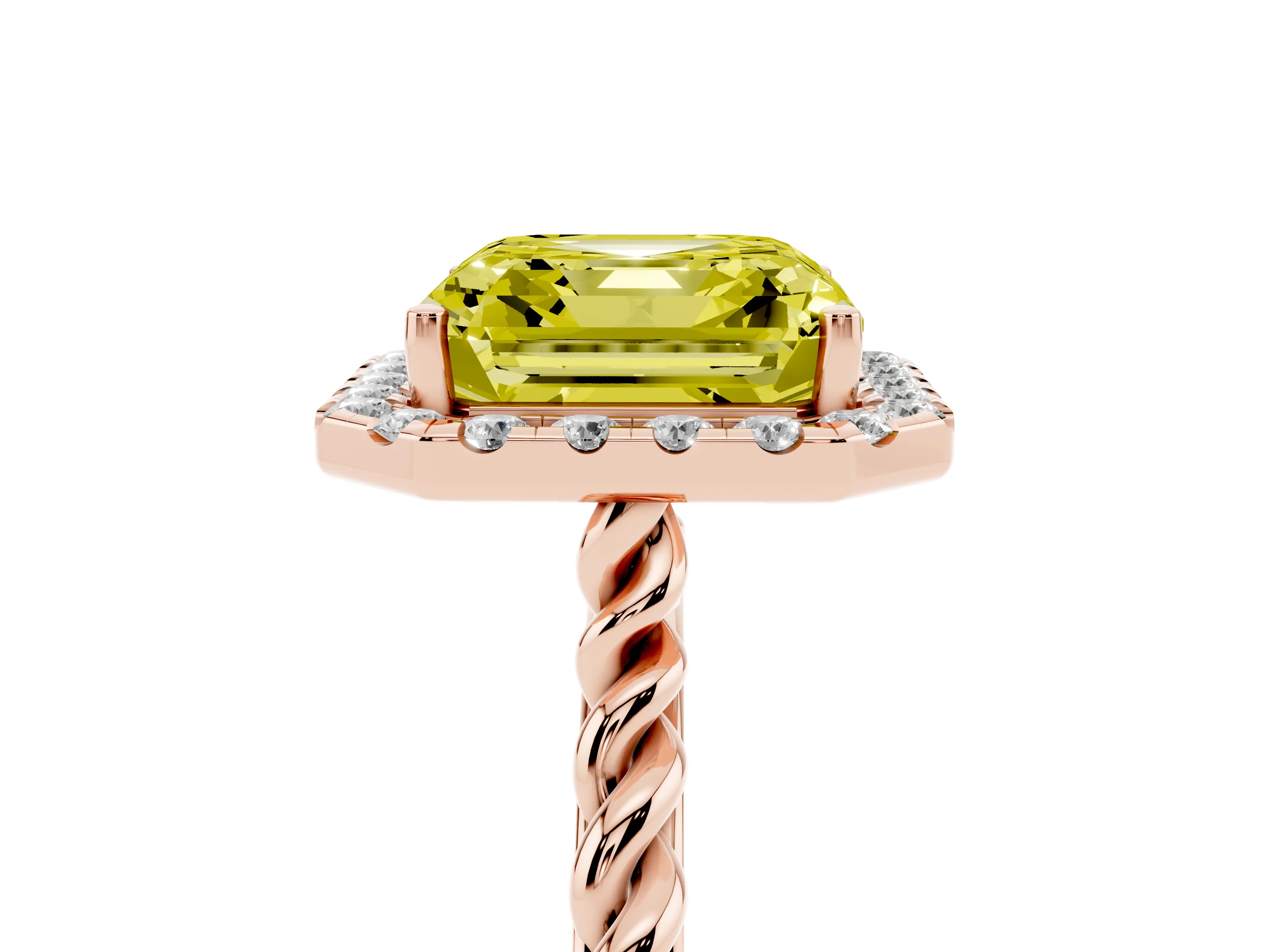 Fancy Yellow Asscher Cut Diamond Halo Ring Set in Rose gold with Plain Twisted Band