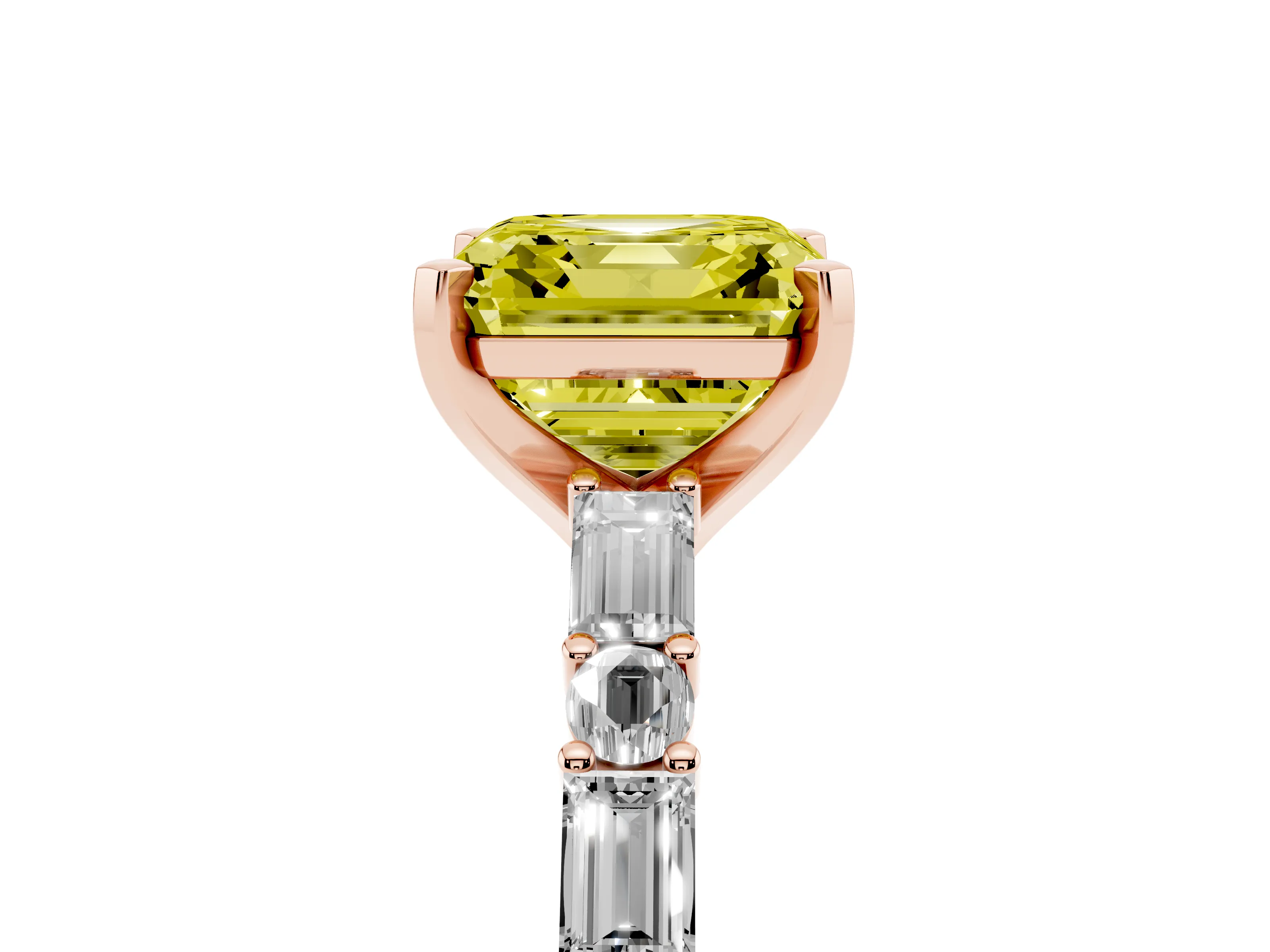 Fancy Yellow Asscher Cut Diamond Solitaire Set in Rose gold with Side Baguettes and Channel Set Band