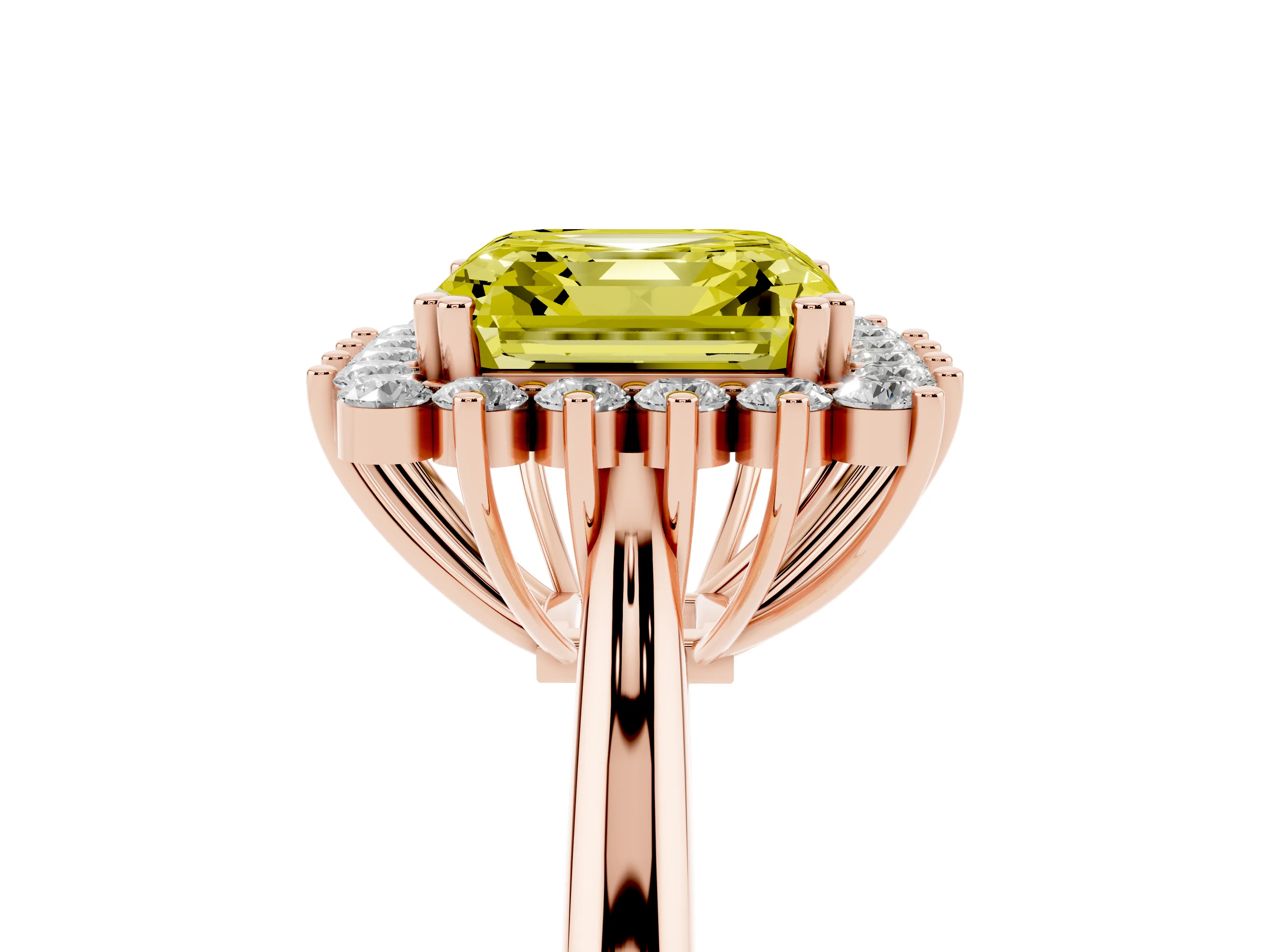 Fancy Yellow Asscher Cut Diamond Halo Ring Set in Rose gold with Plain Solitaire Band and Prong Setting