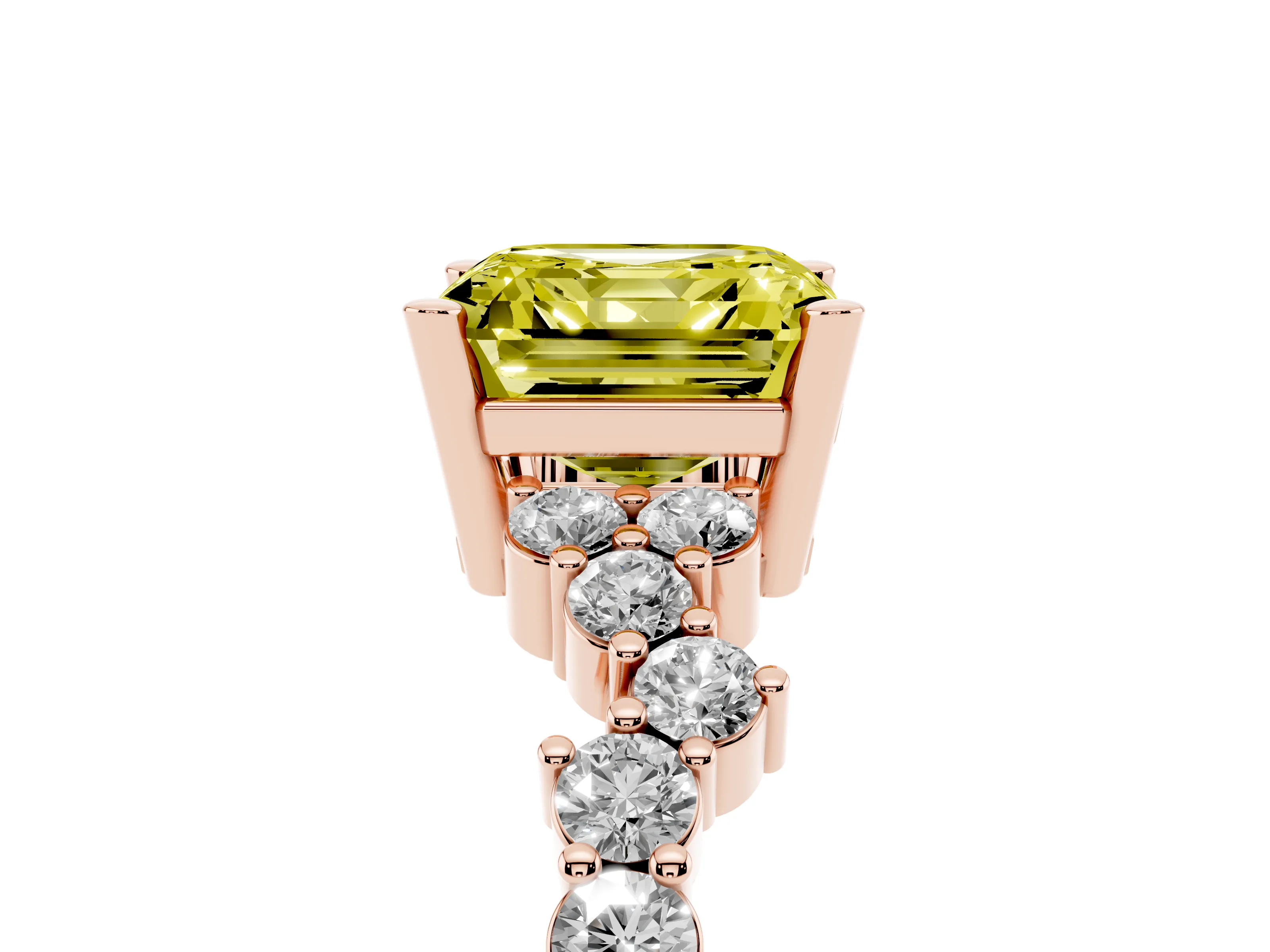 Fancy Yellow Asscher Cut Diamond Ring Set in Rose gold with Scattered Round Accents