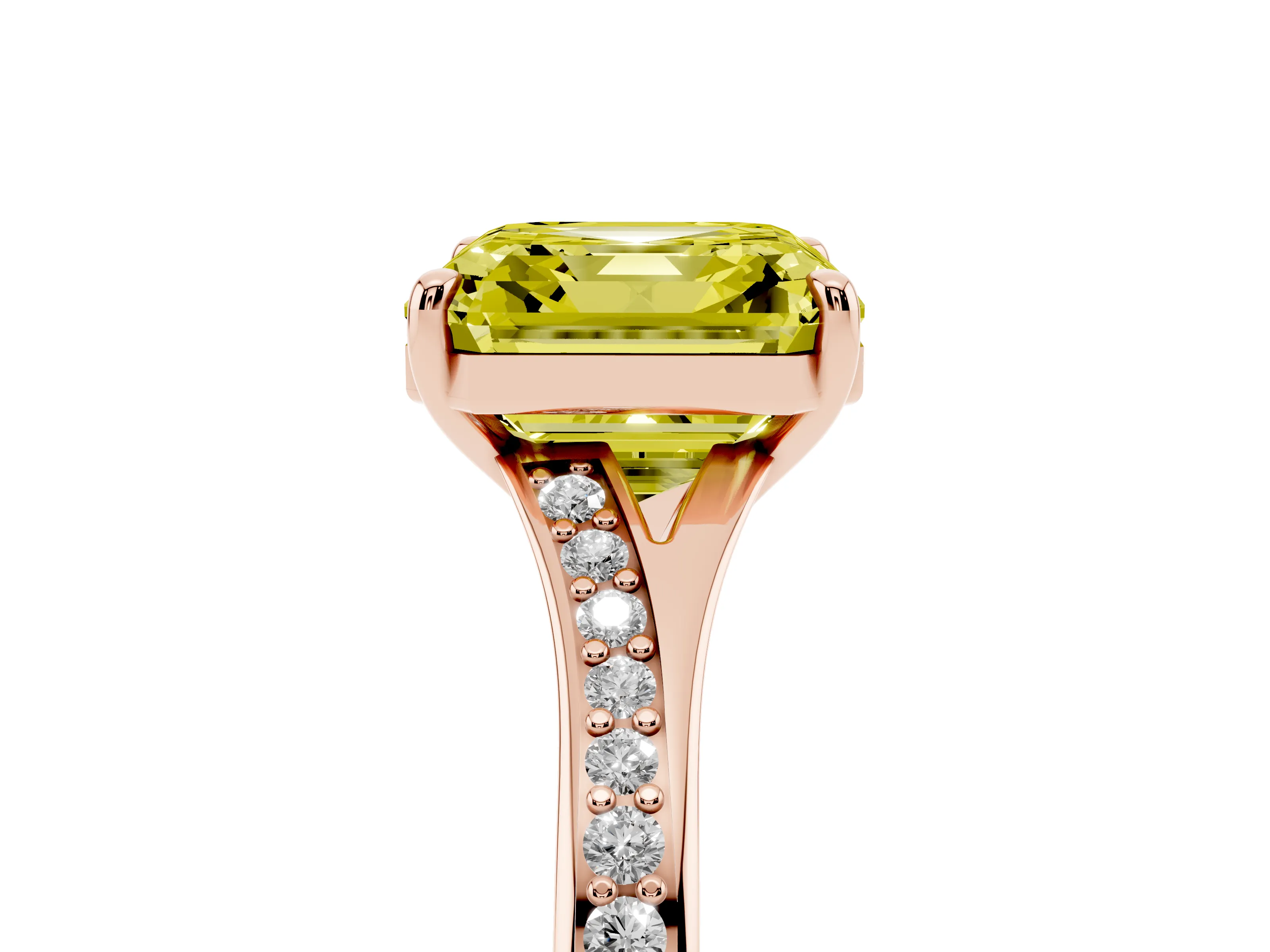 Fancy Yellow Asscher Cut Diamond Solitaire Ring Set in Rose gold with Pavé Accent Band and Classic Prong Setting