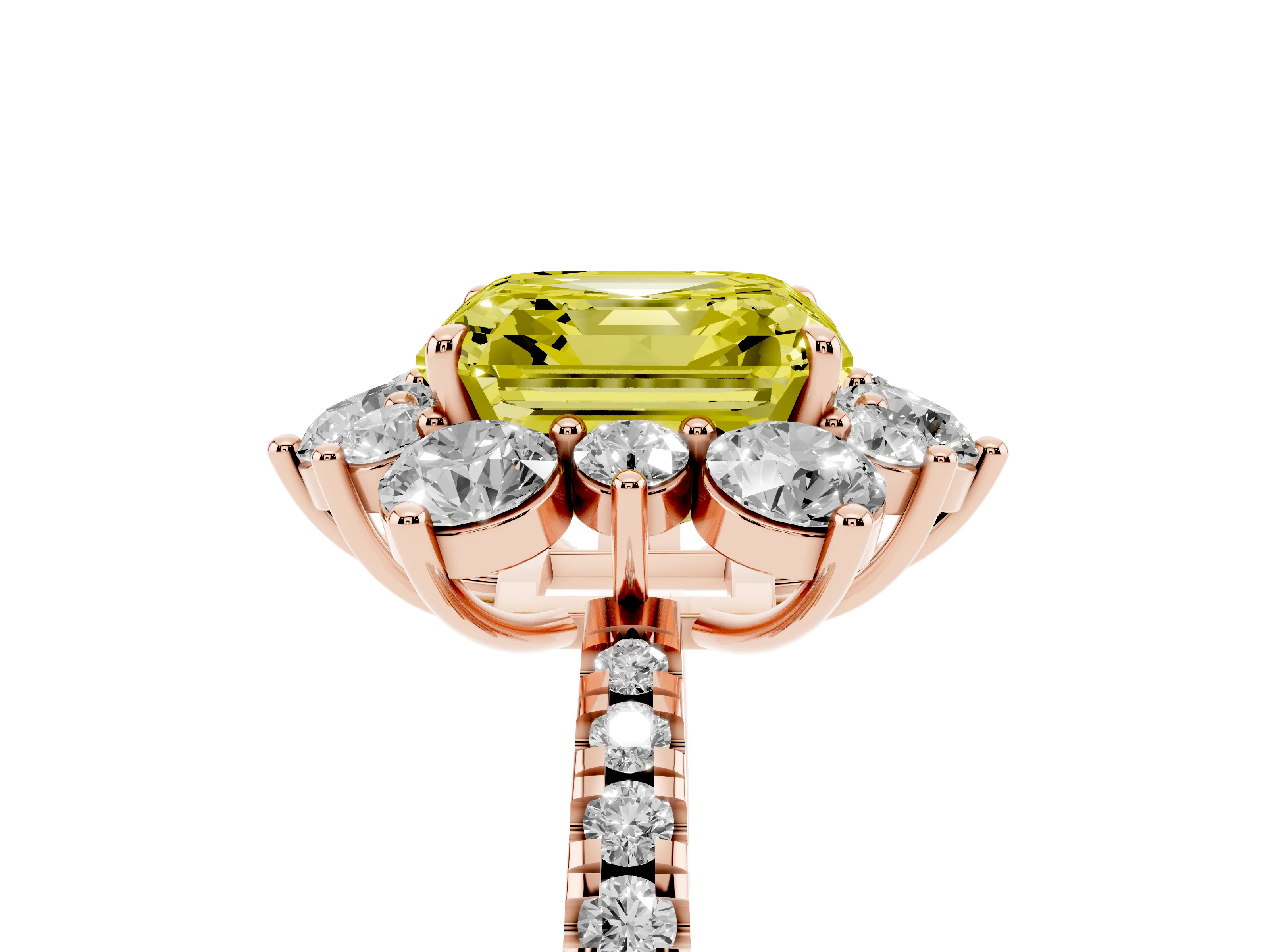 Fancy Yellow Asscher Cut Diamond Floral Halo Ring Set in Rose gold with Round Pavé Band and Prong Setting
