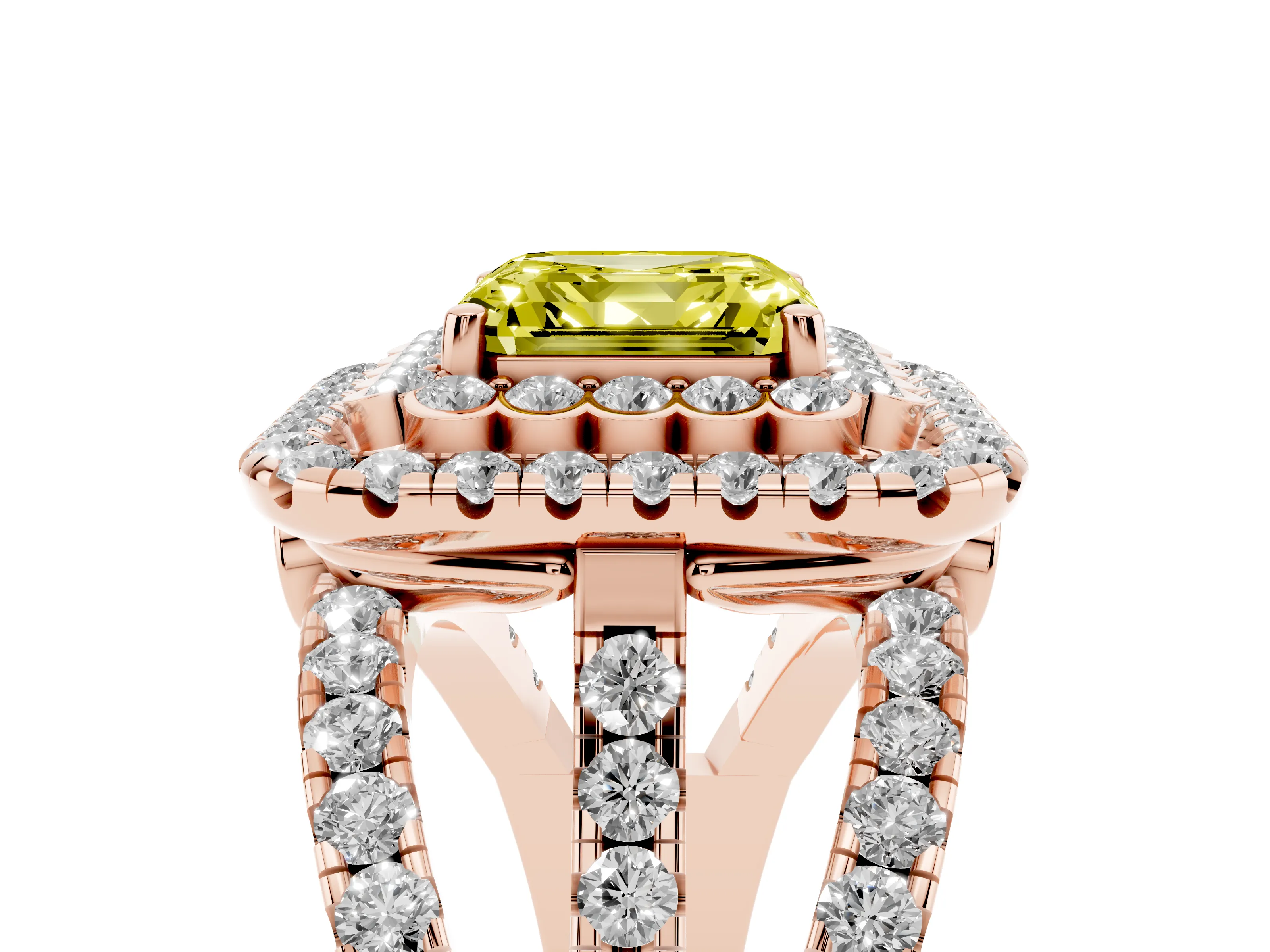 Fancy Yellow Asscher Cut Diamond Double Halo Ring Set in Rose gold with Round Pavé Split Shank