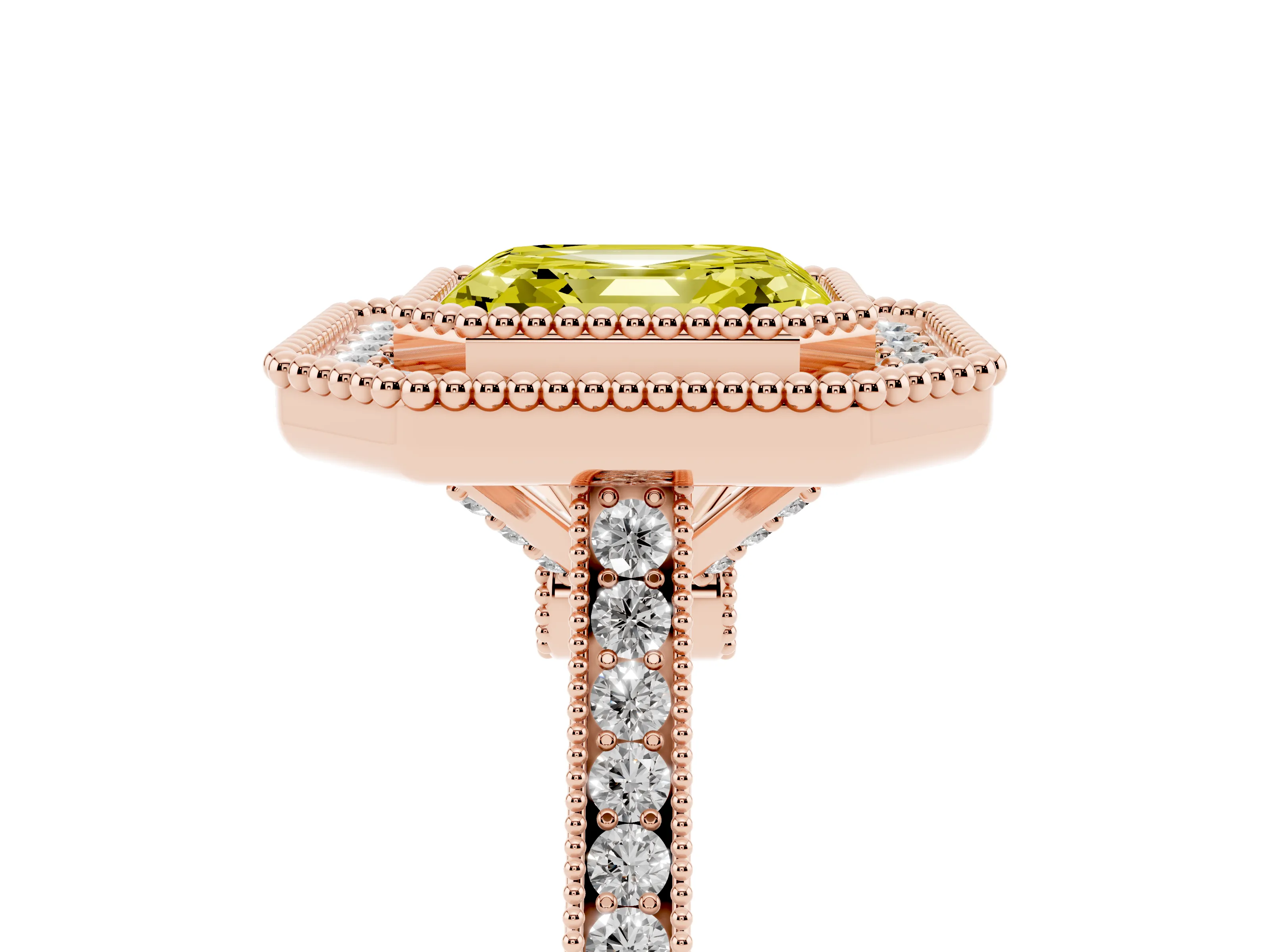 Fancy Yellow Asscher Cut Diamond Halo Ring Set in Rose gold with Milgrain Frame and Pavé Band