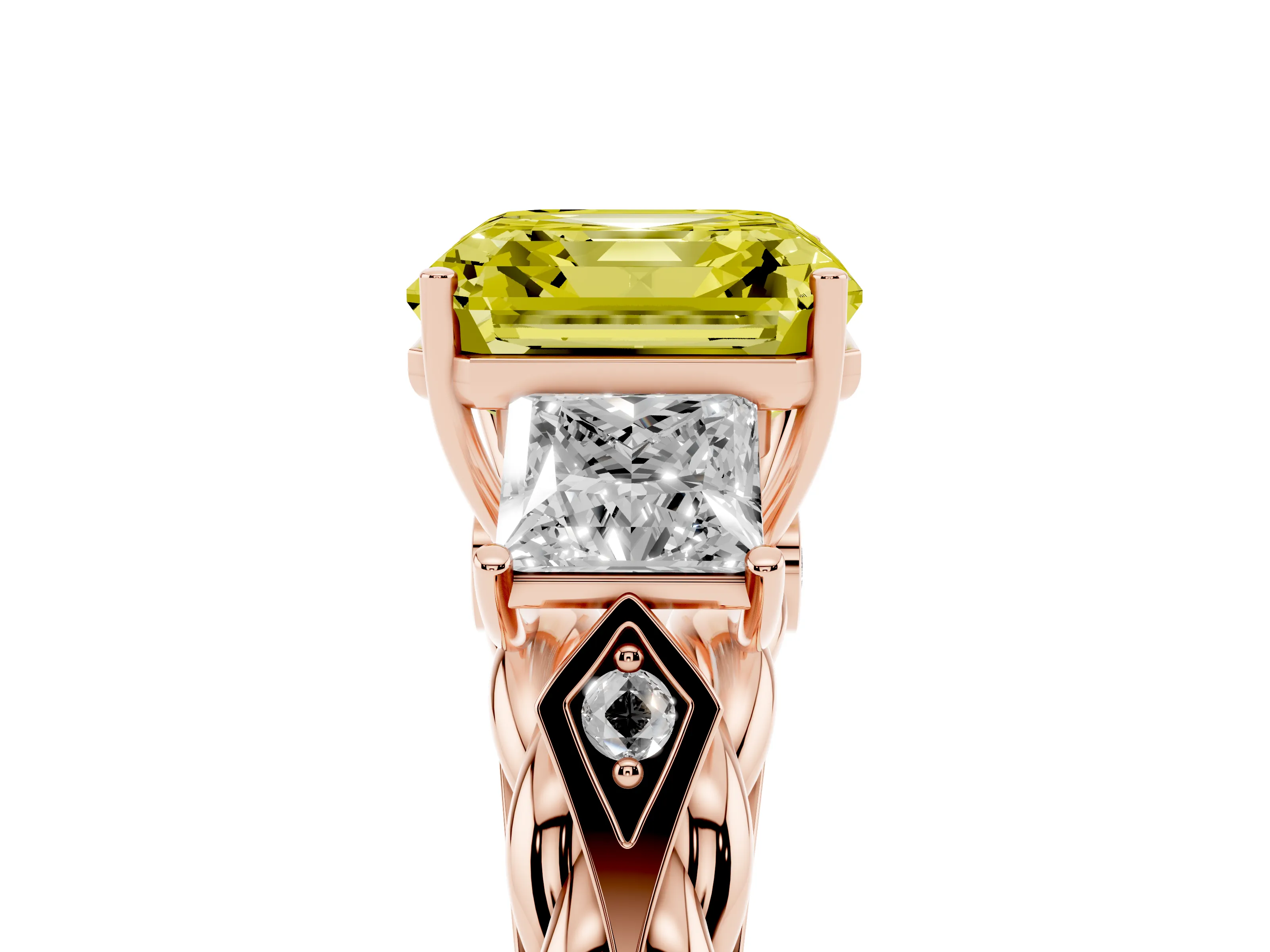 Fancy Yellow Asscher Cut Diamond Three-Stone Ring Set in Rose gold with Braided Band