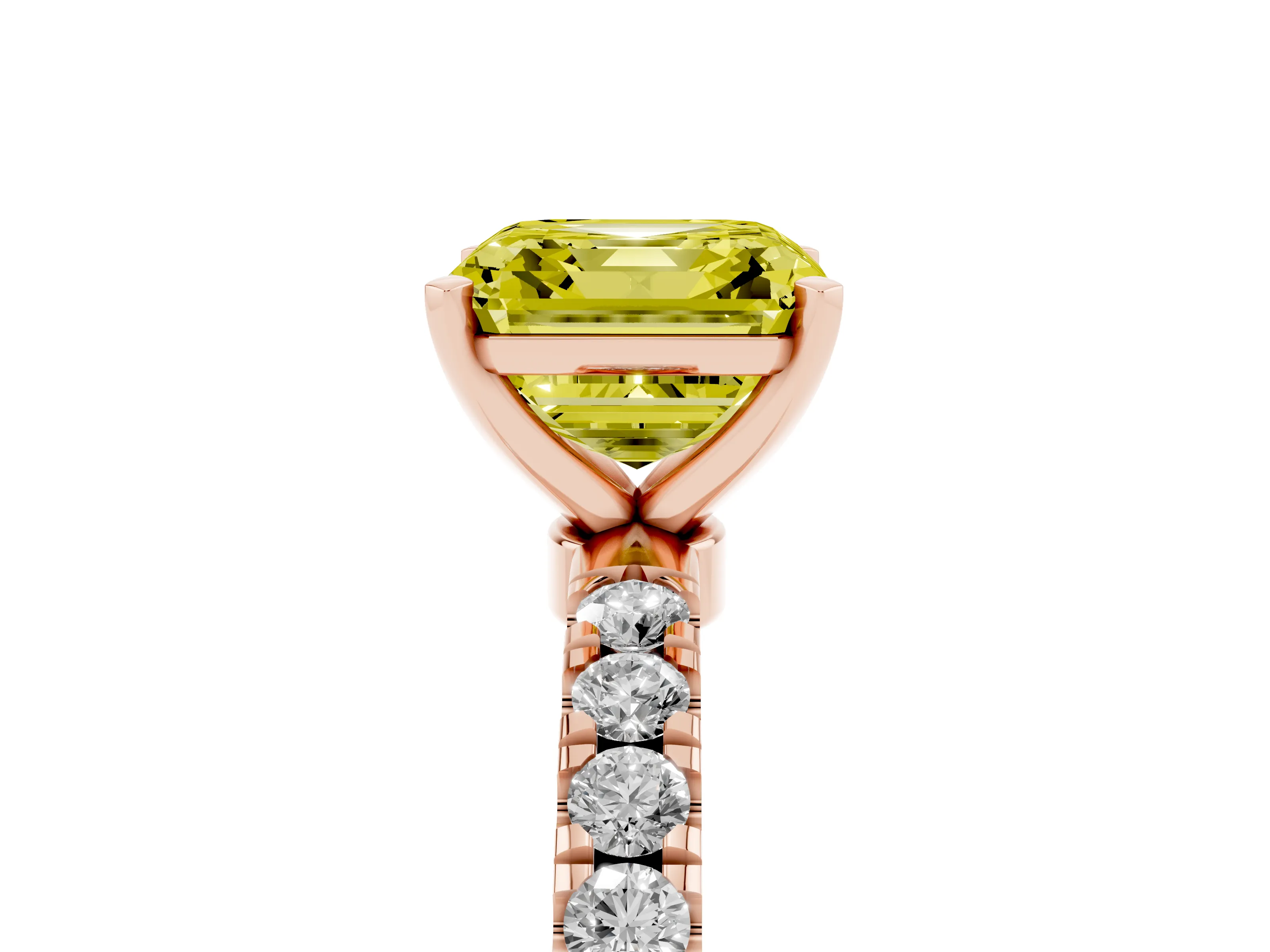 Fancy Yellow Asscher Cut Diamond Solitaire Ring Set in Rose gold with Pavé Accents and Prong Setting