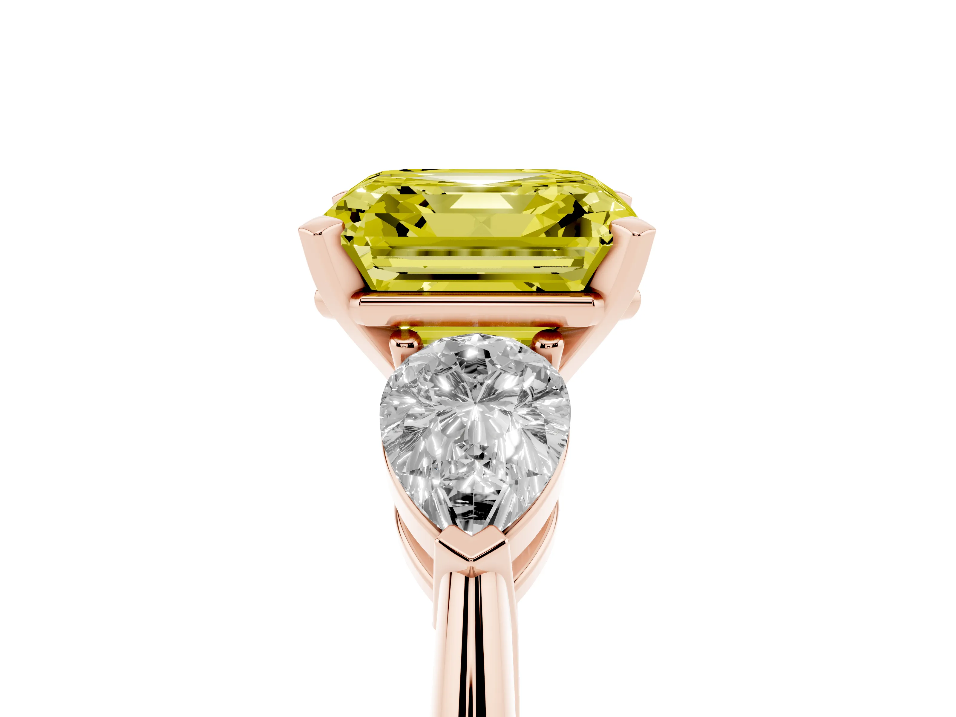 Fancy Yellow Three-Stone Asscher Cut Diamond Ring Set in Rose gold with Pear Side Stones and Prong Setting