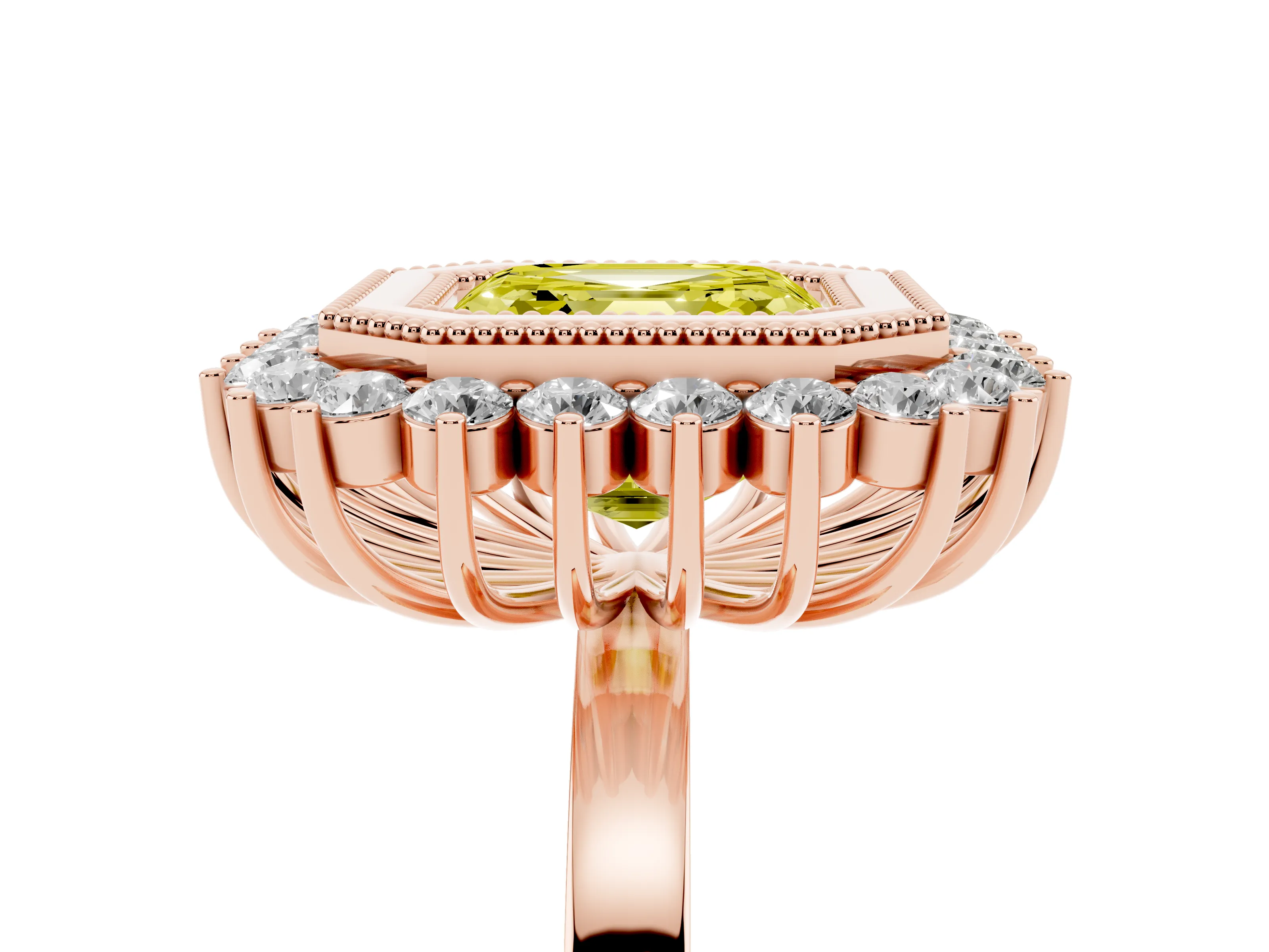 Fancy Yellow Asscher Cut Diamond Halo Ring Set in Rose gold with Milgrain Edge and Round Prong Setting