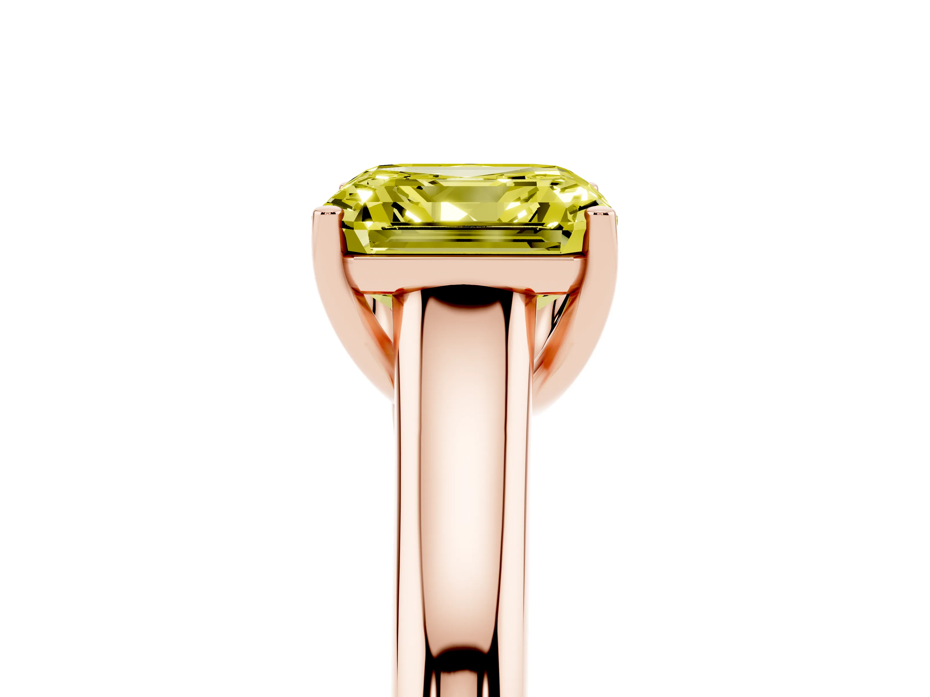 Fancy Yellow Asscher Cut Diamond Solitaire Engagement Ring Set in Rose gold with Subtly Tapered Band and Prong Setting