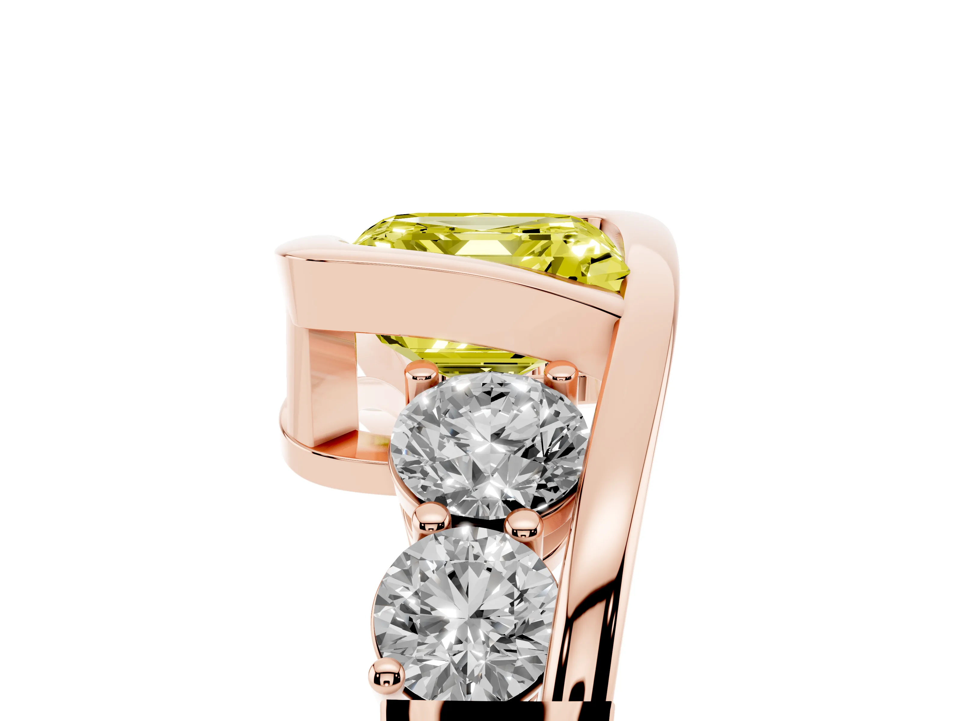 Fancy Yellow Asscher Cut Diamond Bezel Bypass Ring Set in Rose gold with Round Accents