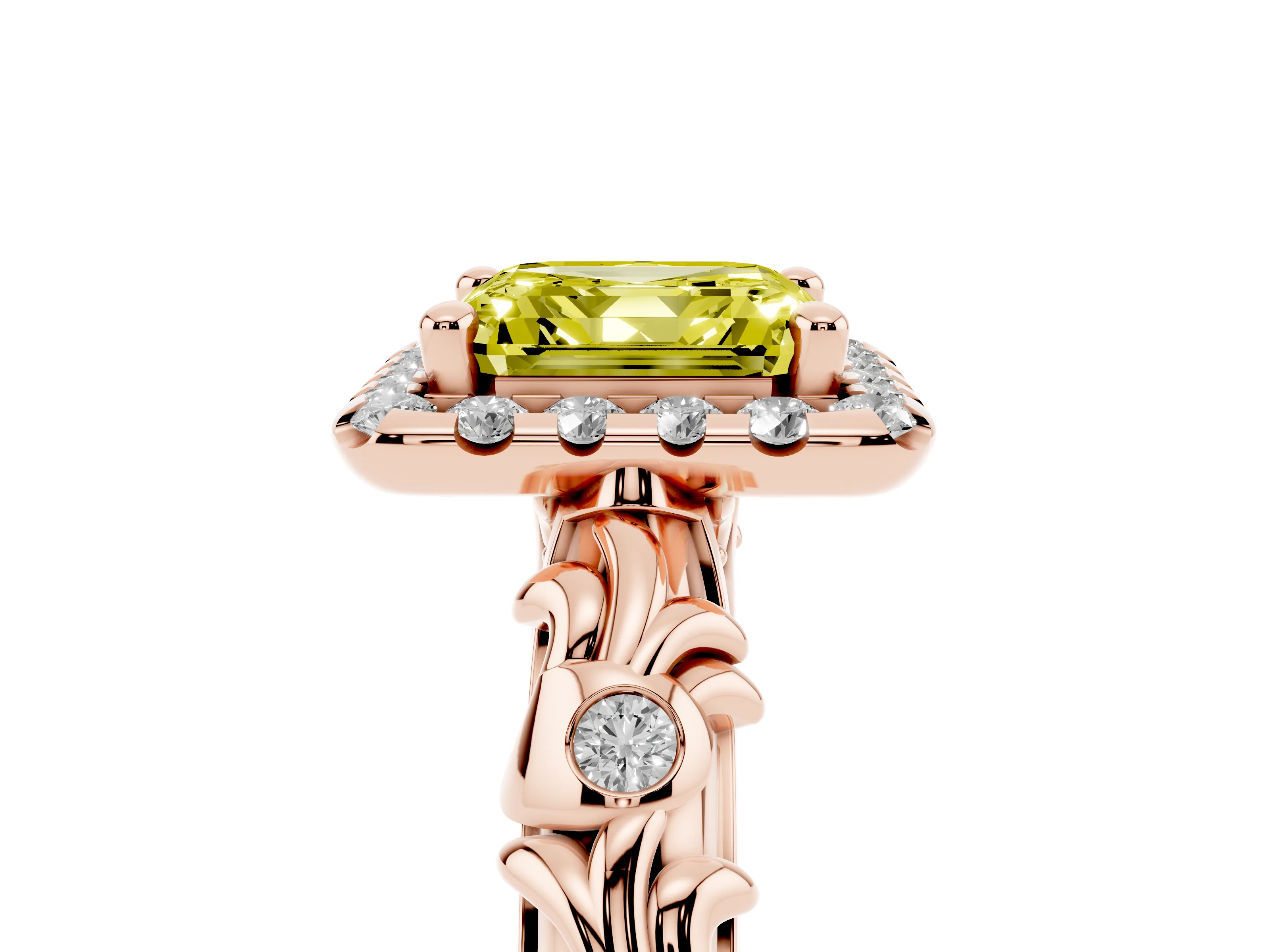 Fancy Yellow Asscher Cut Diamond Halo Ring Set in Rose gold with Filigree Leaf Band and Prong Setting