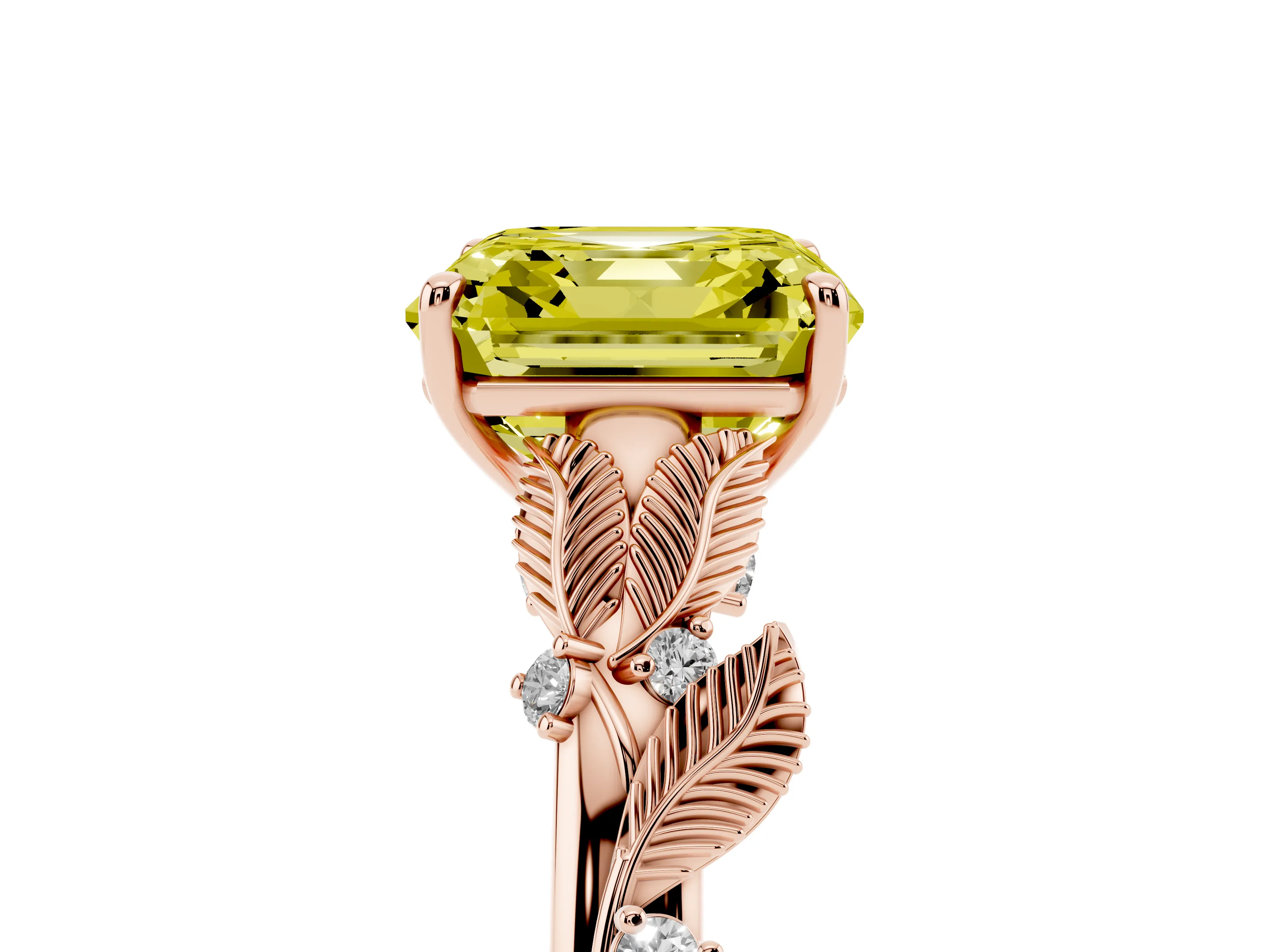 Fancy Yellow Asscher Cut Diamond Solitaire Ring Set in Rose gold with Leaf Motif Band