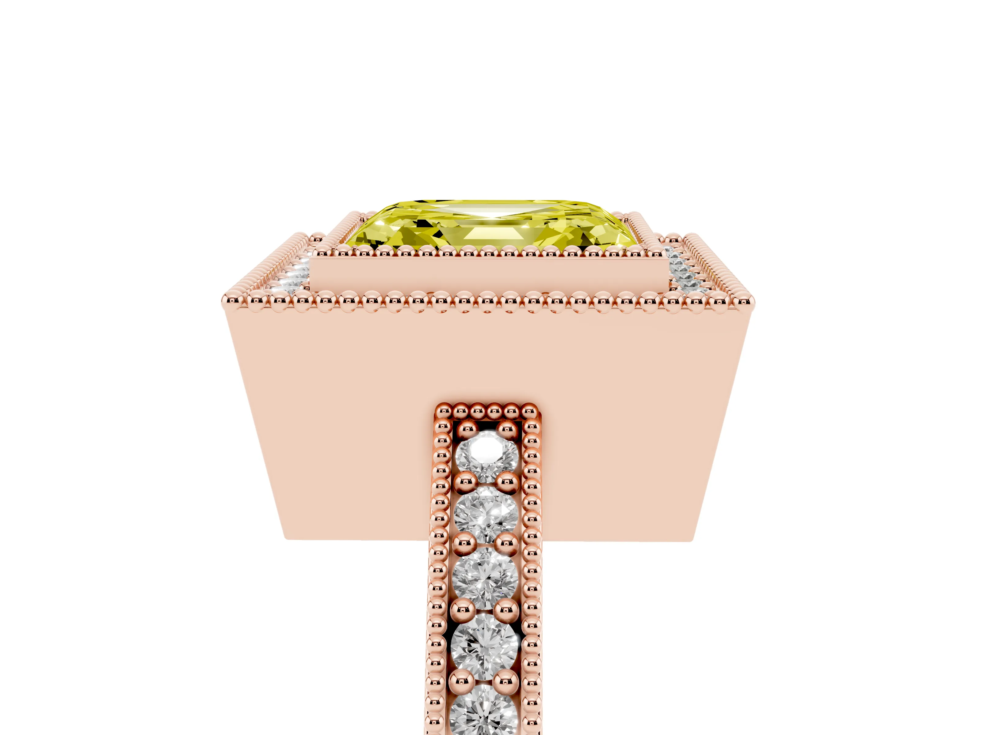 Fancy Yellow Asscher Cut Diamond Halo Engagement Ring Set in Rose gold with Pavé Band and Round Halo Stones
