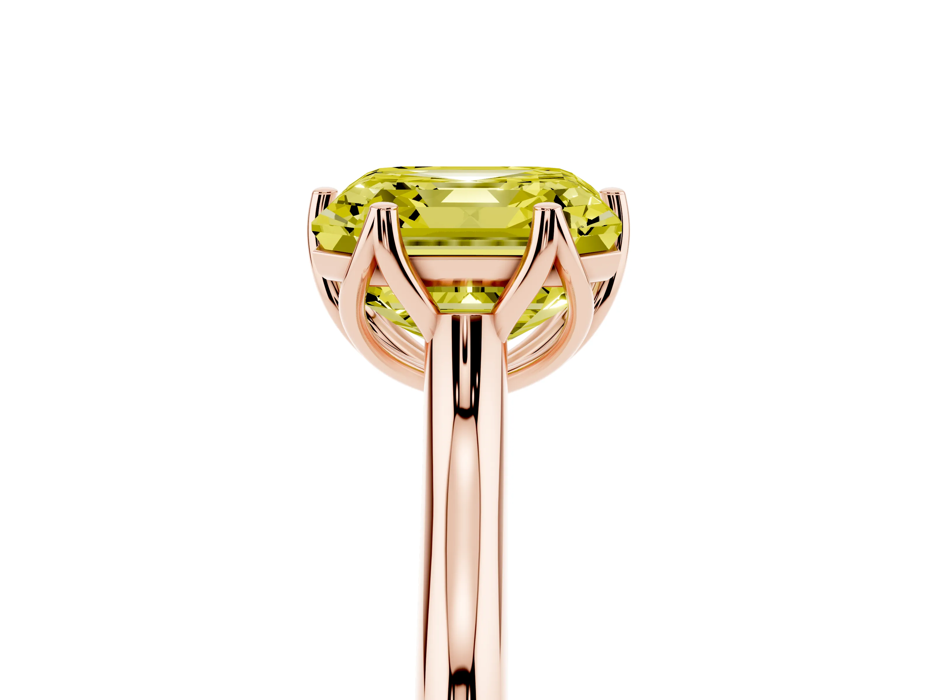 Fancy Yellow Asscher Cut Diamond Solitaire Cathedral Ring Set in Rose gold with Prong Setting