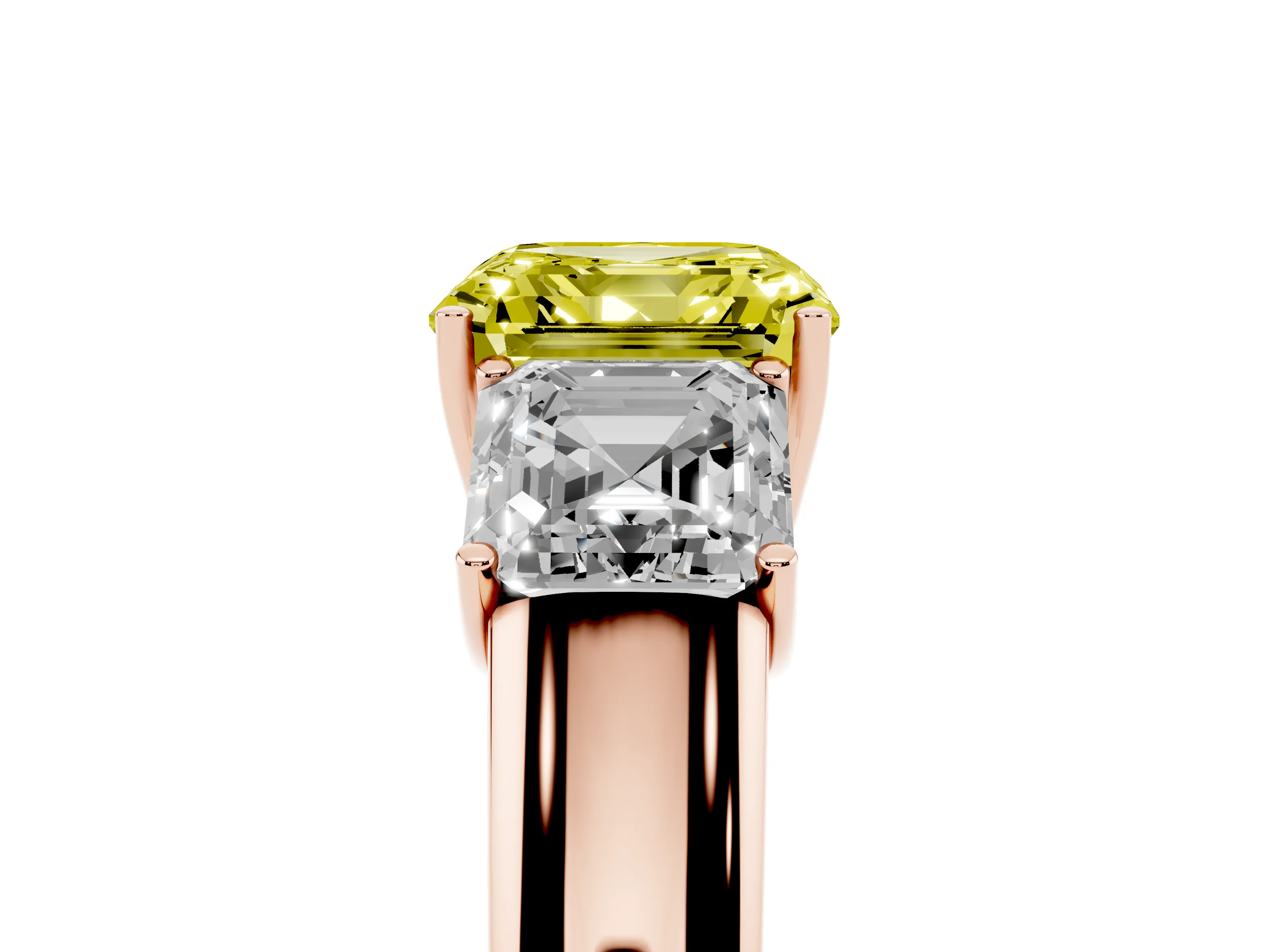 Fancy Yellow Three-Stone Asscher Cut Diamond Ring Set in Rose gold with Matching Prong Settings and Plain Band