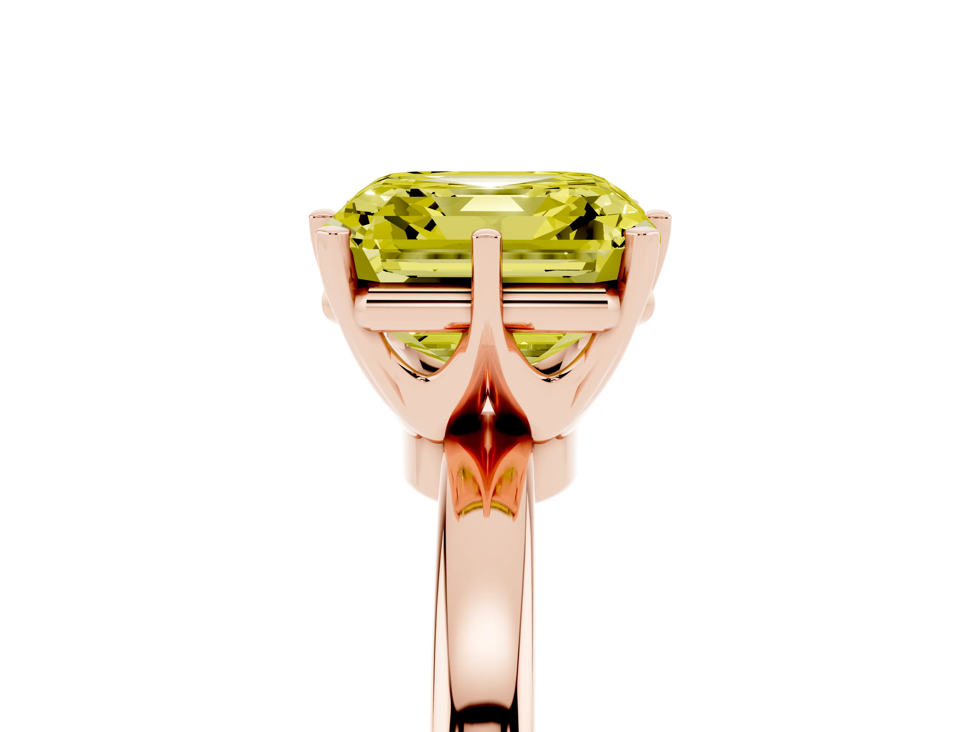 Fancy Yellow Asscher Cut Diamond Solitaire Ring Set in Rose gold with Raised Prong Setting on a Classic Band