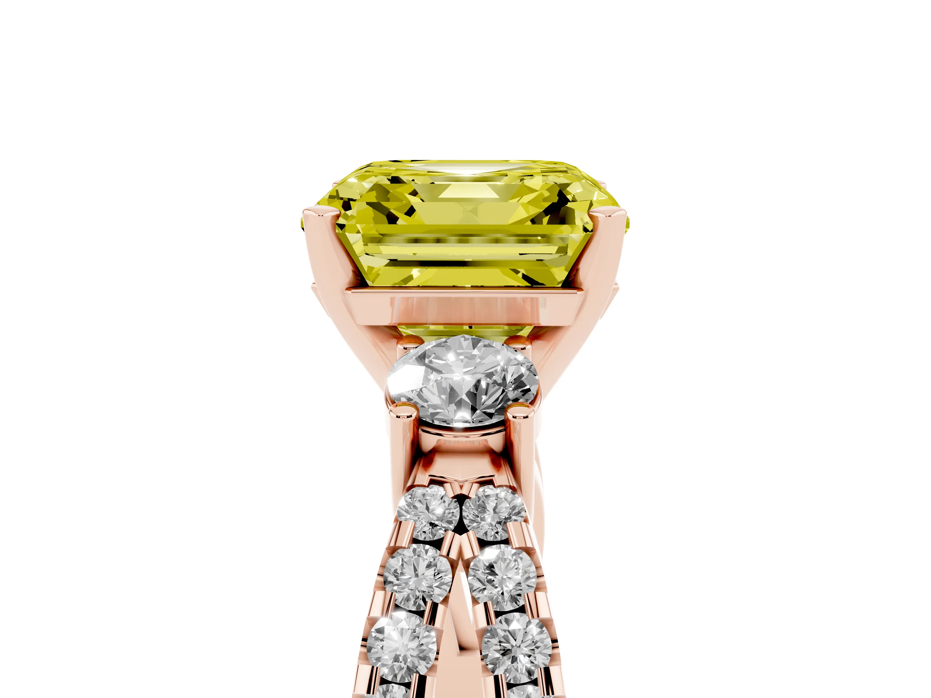 Fancy Yellow Asscher Cut Diamond Three-Stone Ring Set in Rose gold with Pavé Split Shank and Prong Setting