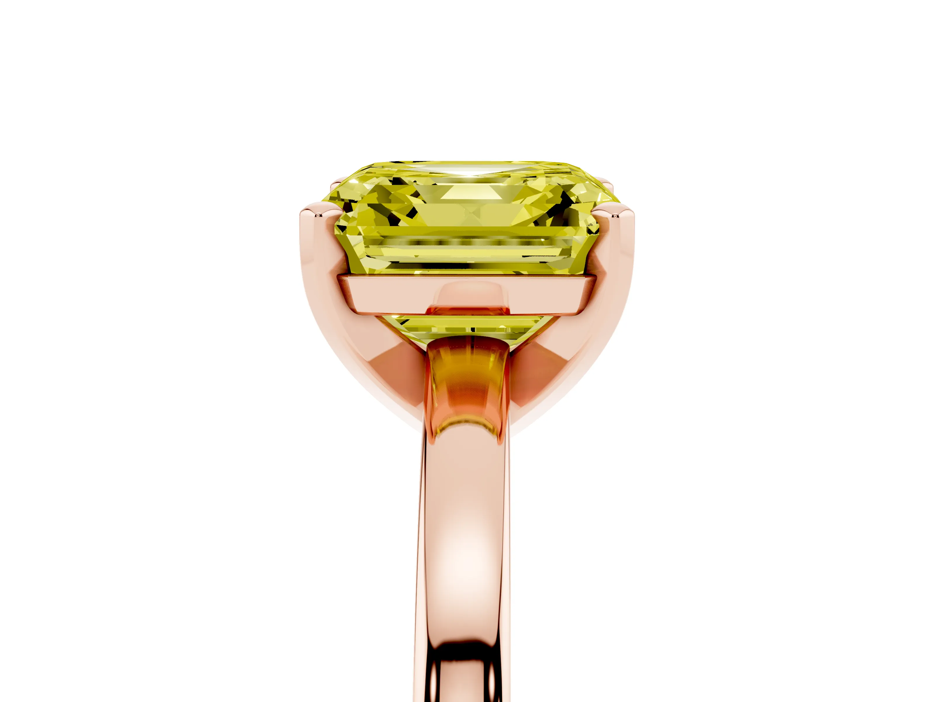 Fancy Yellow Asscher Cut Diamond Solitaire Engagement Ring Set in Rose gold with Prong Setting on a Classic Band