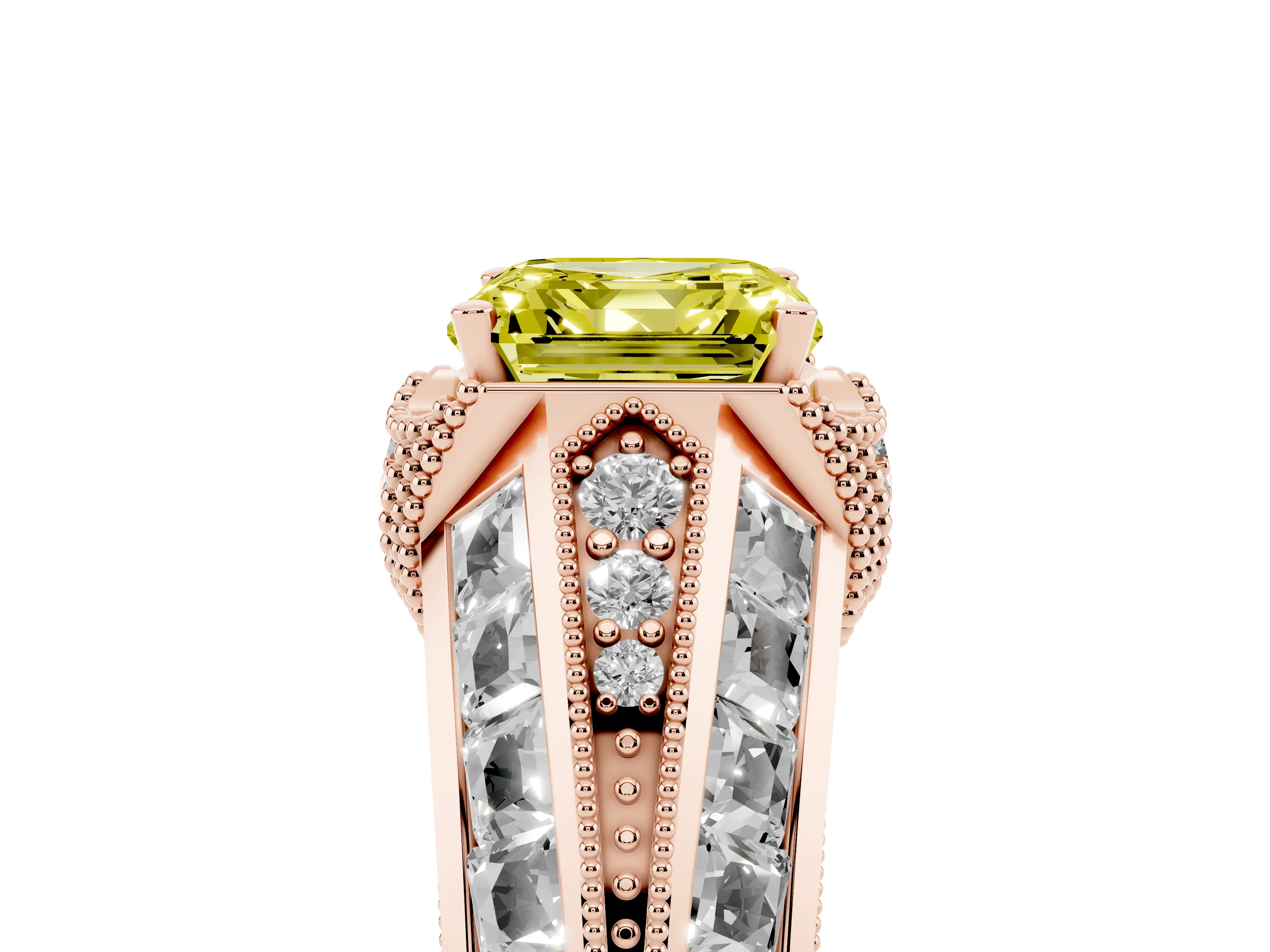 Fancy Yellow Asscher Cut Diamond Vintage-Inspired Milgrain Ring Set in Rose gold with Accent Split Shank