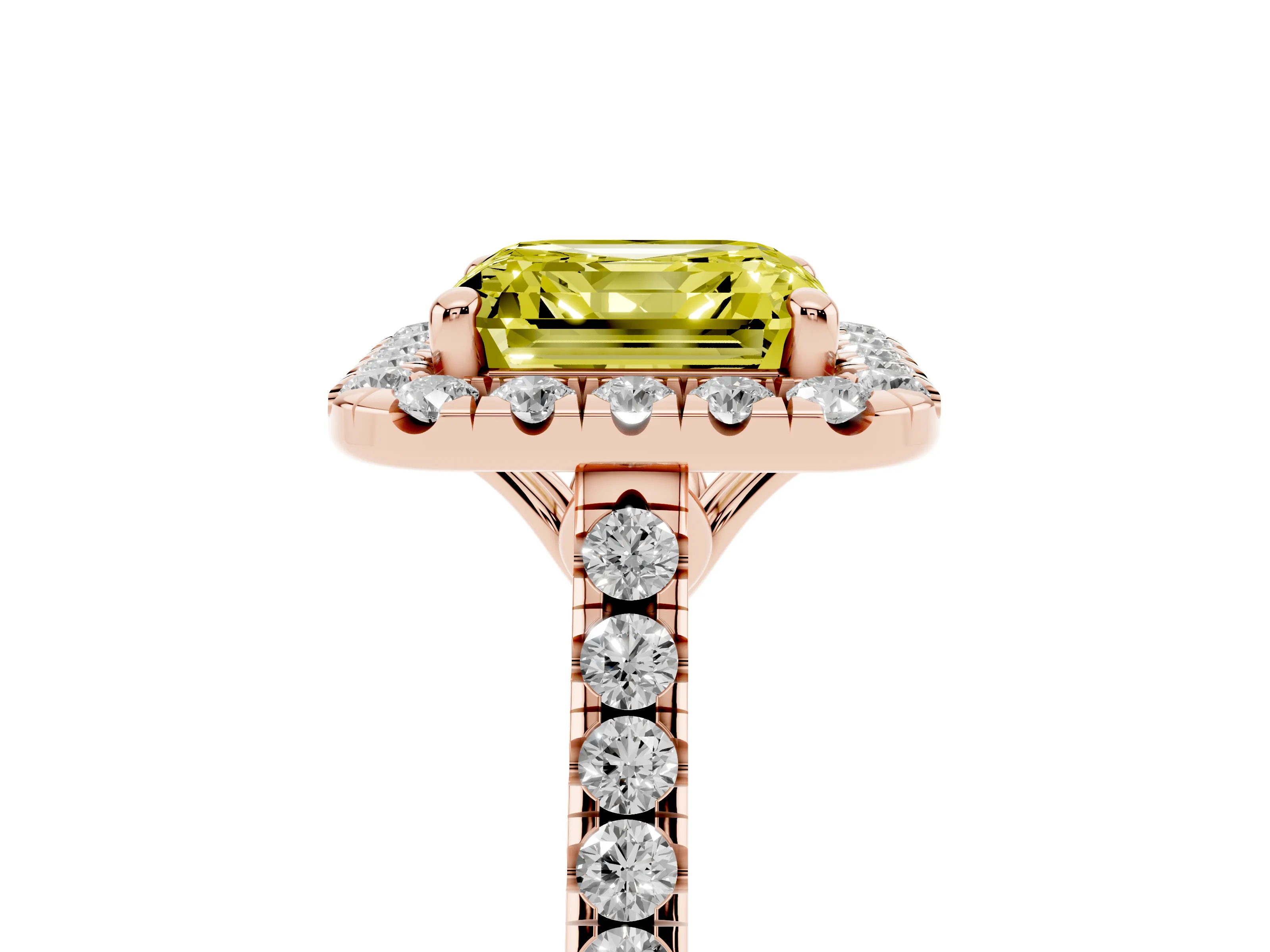 Fancy Yellow Asscher Cut Diamond Pavé Halo Engagement Ring Set in Rose gold with Pavé Band and Prong Setting