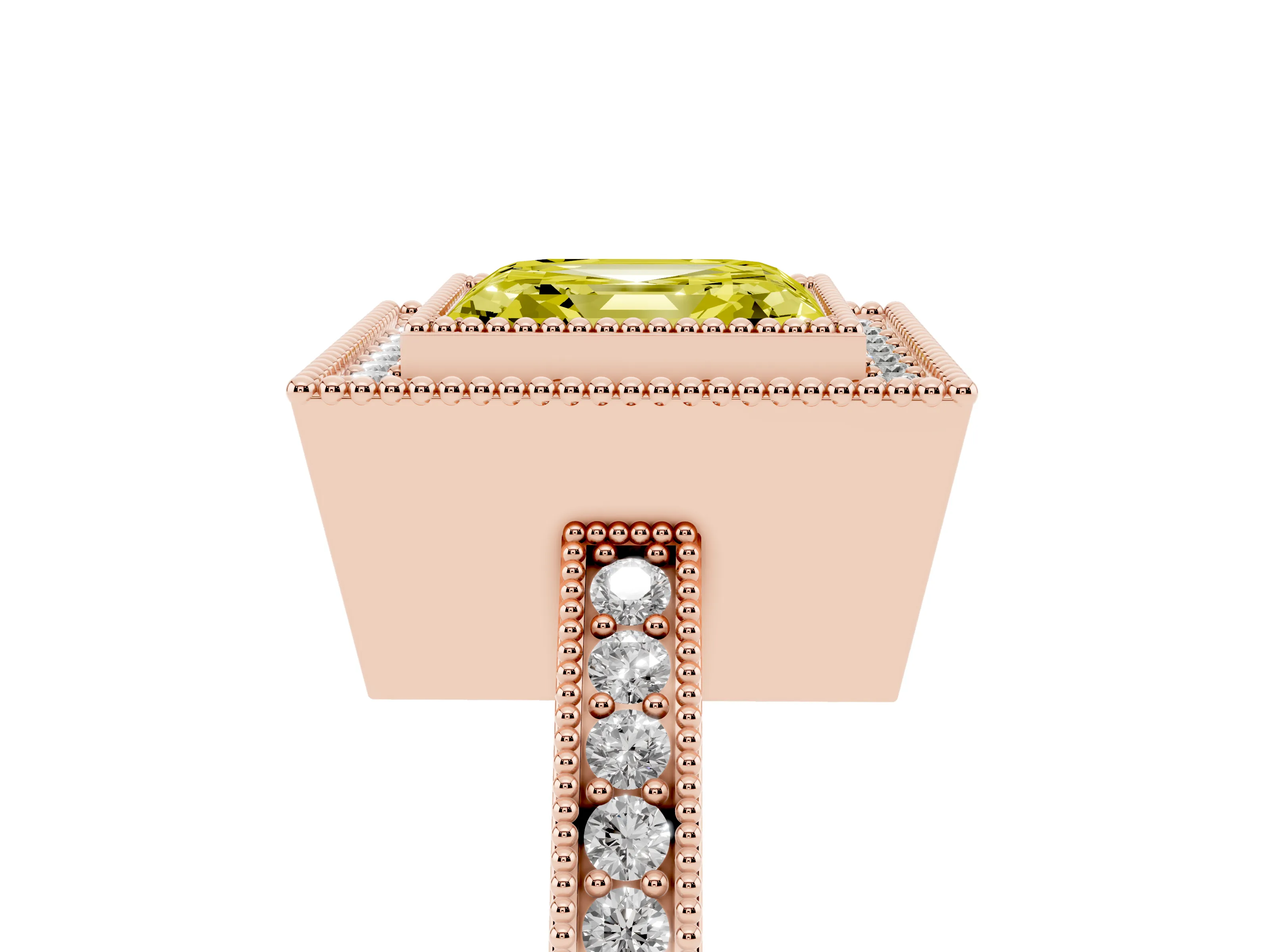 Fancy Yellow Asscher Cut Diamond Round Halo Ring Set in Rose gold with Pavé Band