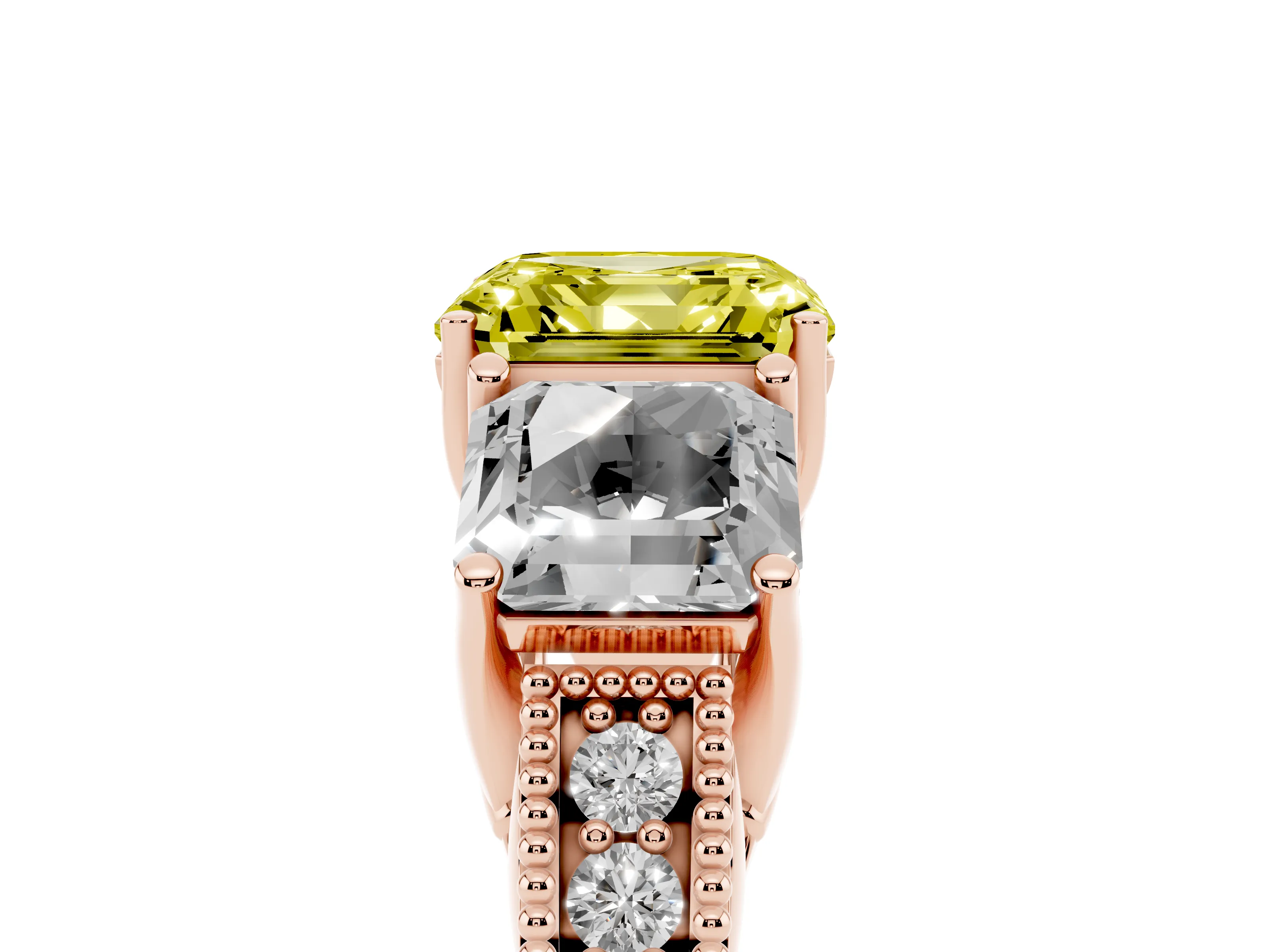 Fancy Yellow Asscher Cut Diamond Three-Stone Engagement Ring Set in Rose gold with Milgrain Pavé Band