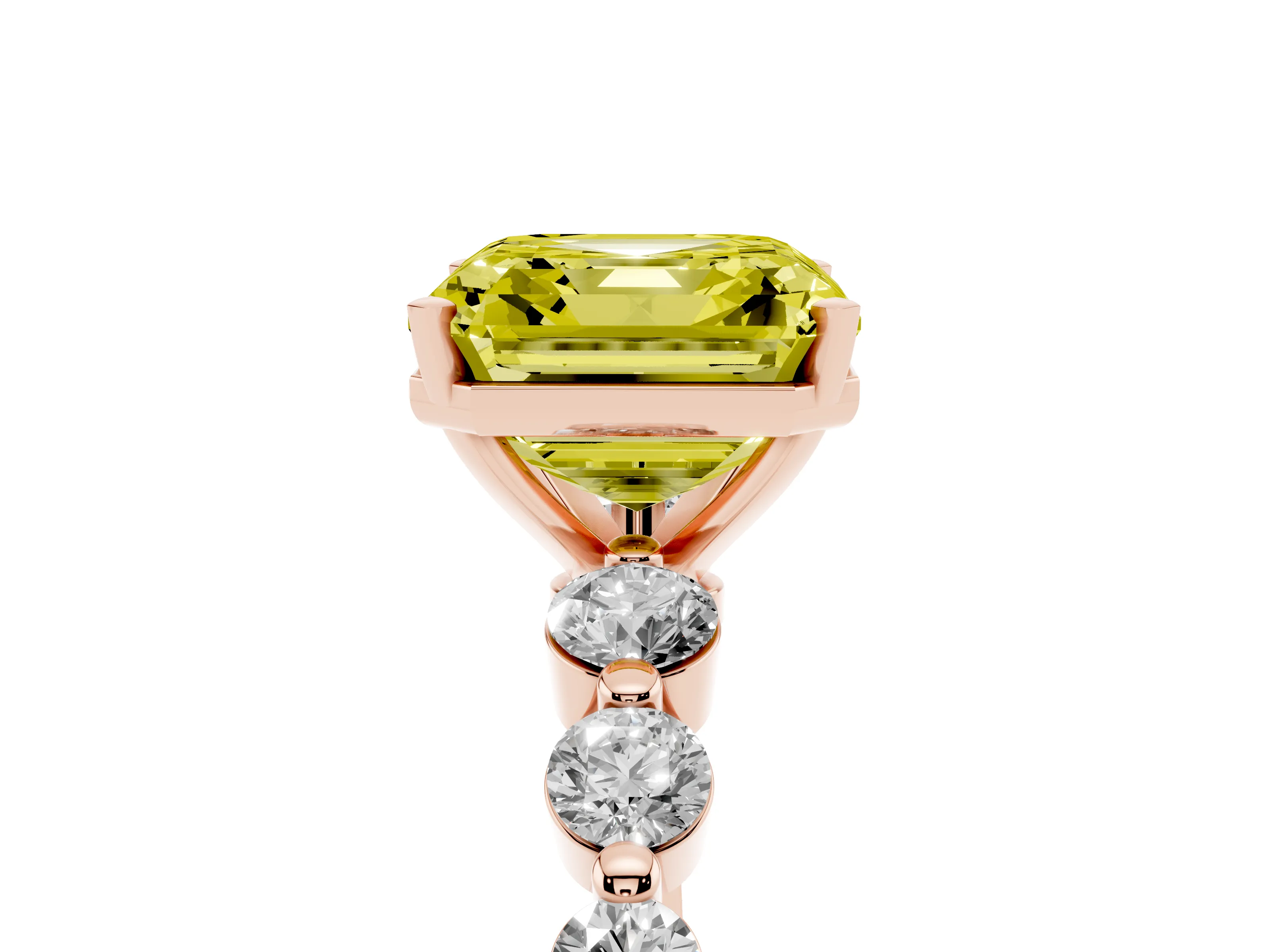 Fancy Yellow Asscher Cut Diamond Solitaire Ring Set in Rose gold with Pavé Band and Prong Setting