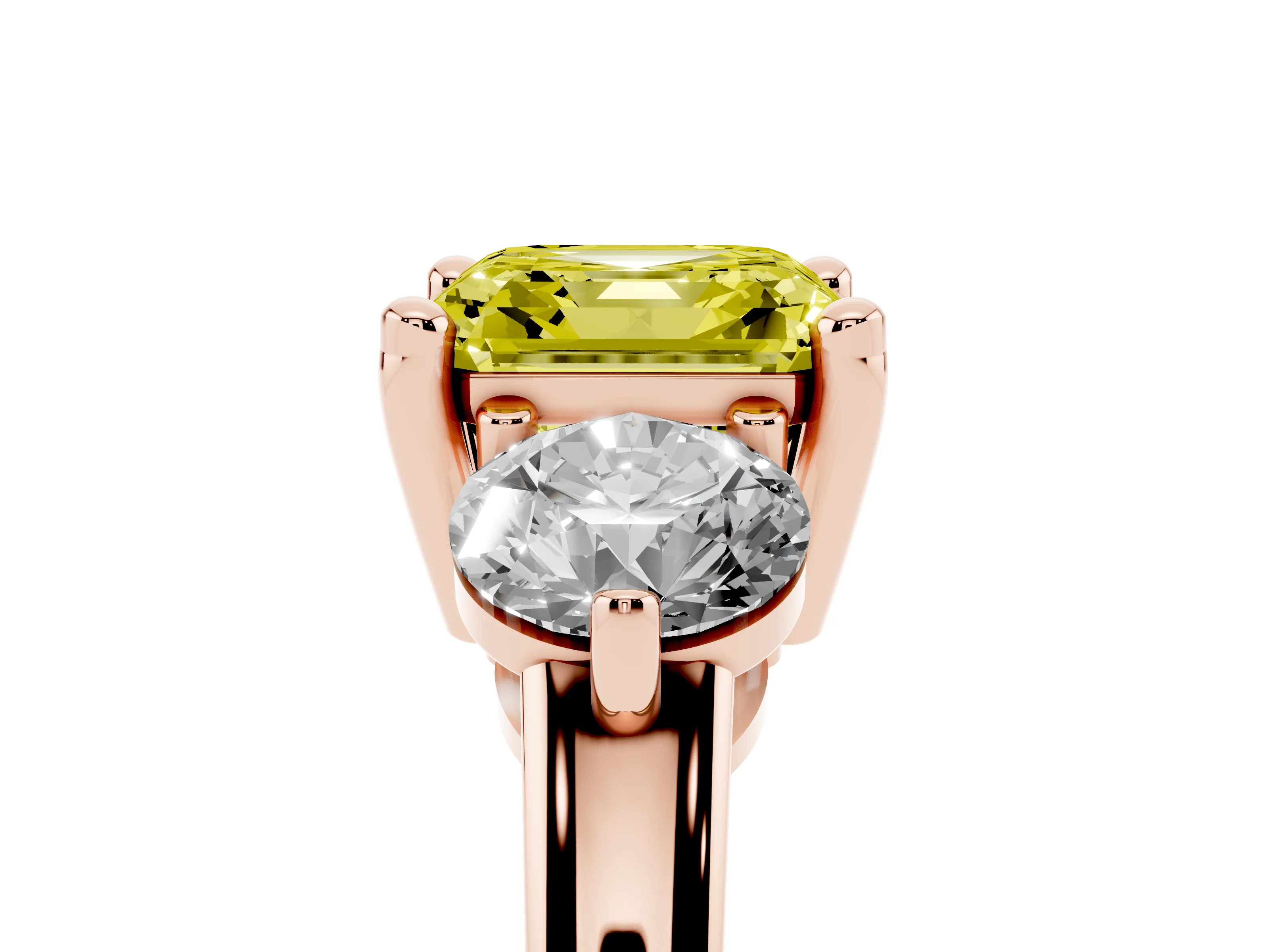 Fancy Yellow Asscher Cut Diamond Three-Stone Ring Set in Rose gold with Prong Setting and Classic Band