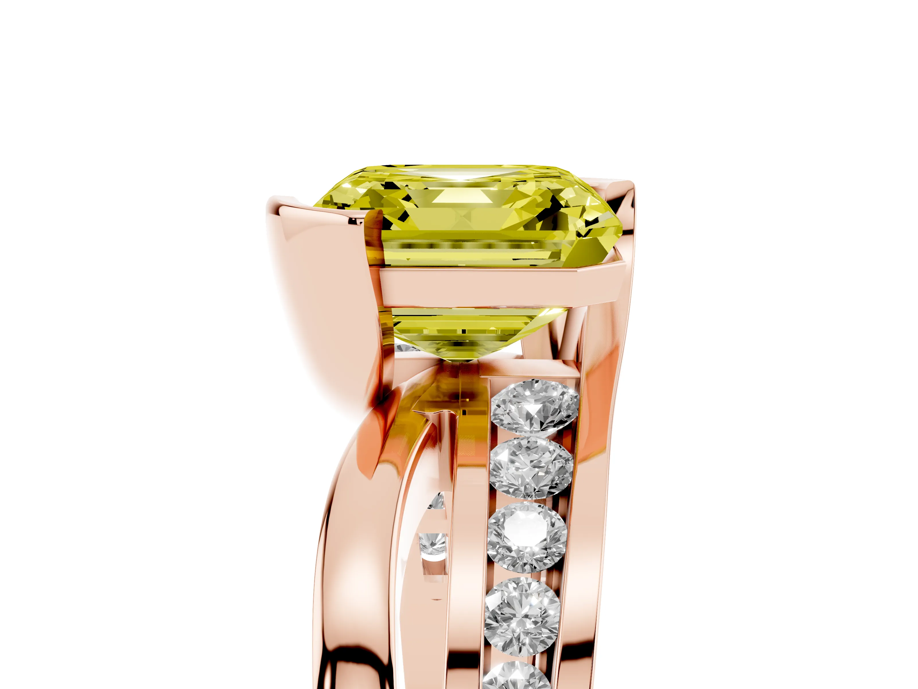 Fancy Yellow Asscher Cut Diamond Solitaire Ring Set in Rose gold with Channel Set Split Shank and Tension Prongs