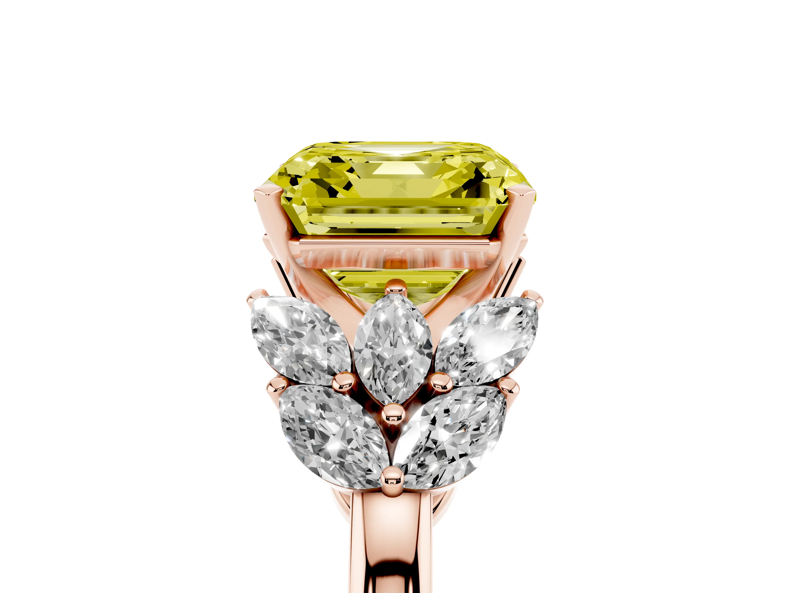 Fancy Yellow Asscher Cut Diamond Cluster Leaf Design Ring Set in Rose gold with Prong Setting