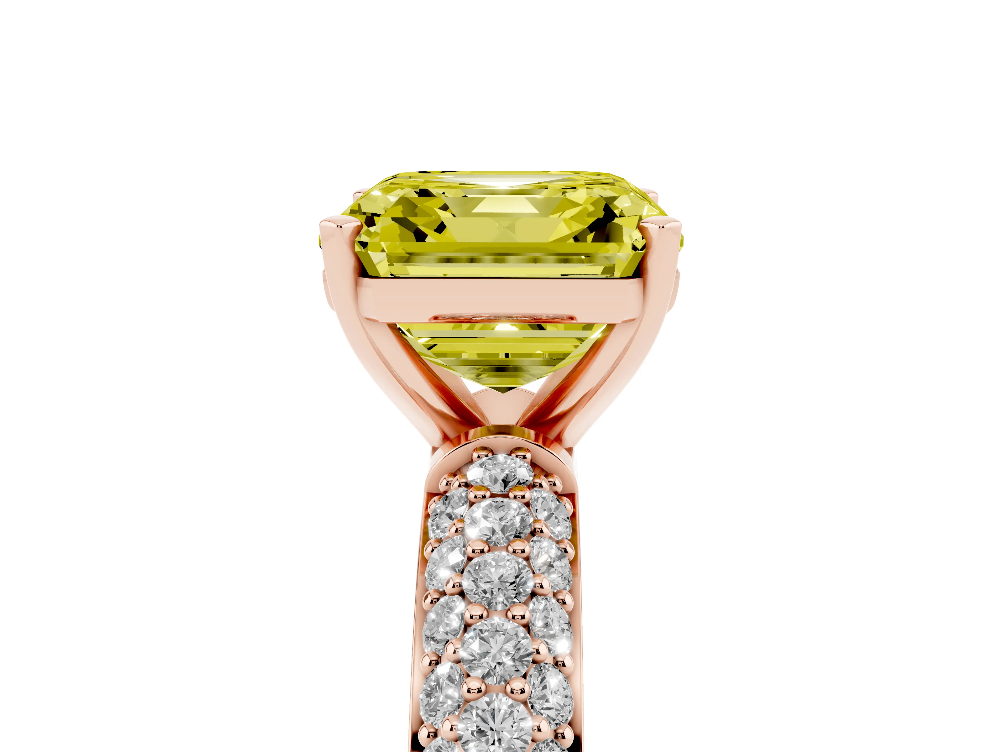 Fancy Yellow Asscher Cut Diamond Solitaire Ring Set in Rose gold with Prong Setting and Pavé-Set Band