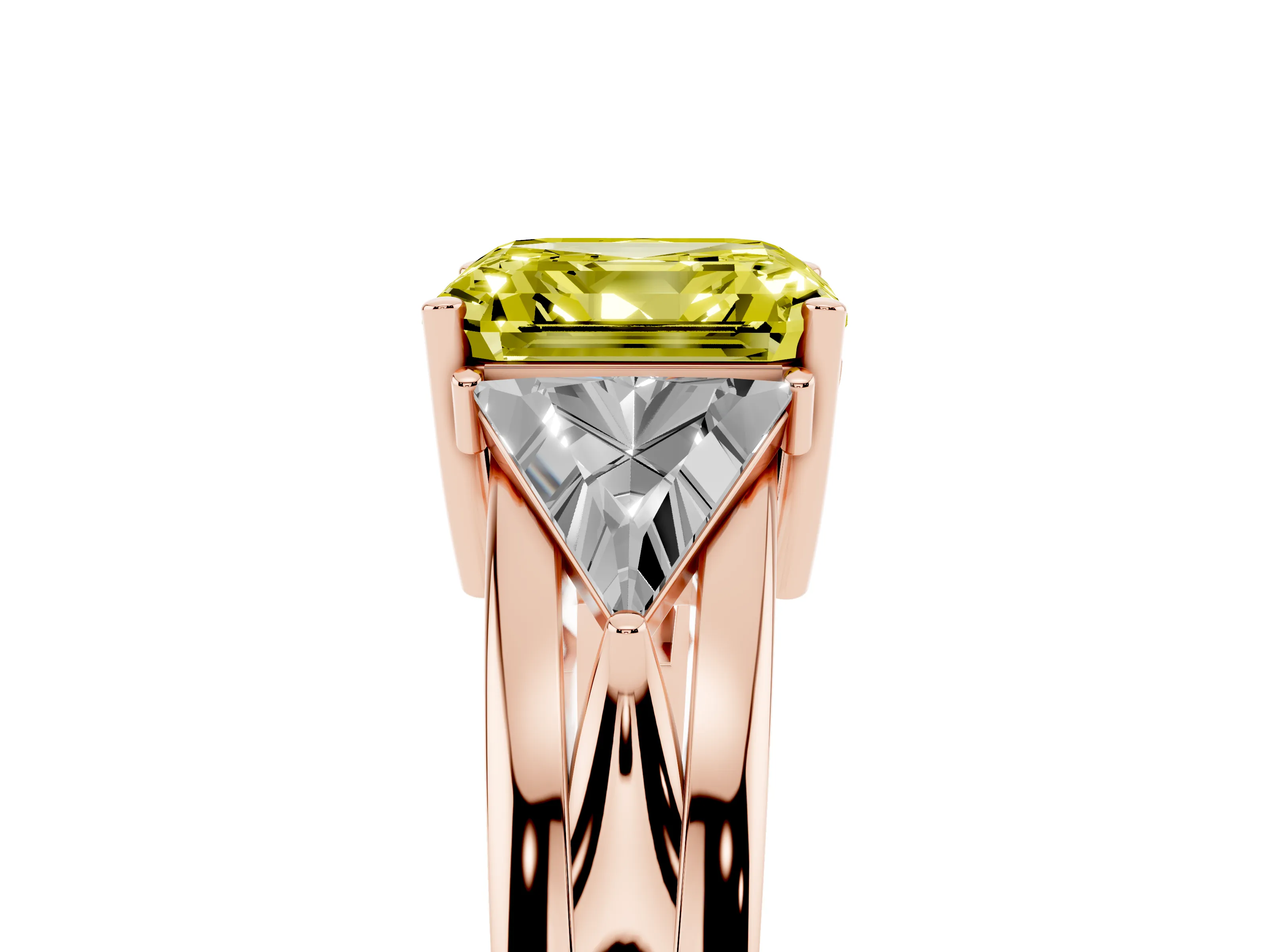 Fancy Yellow Asscher Cut Diamond Three-Stone Ring Set in Rose gold with Trillion Side Stones and Split Shank