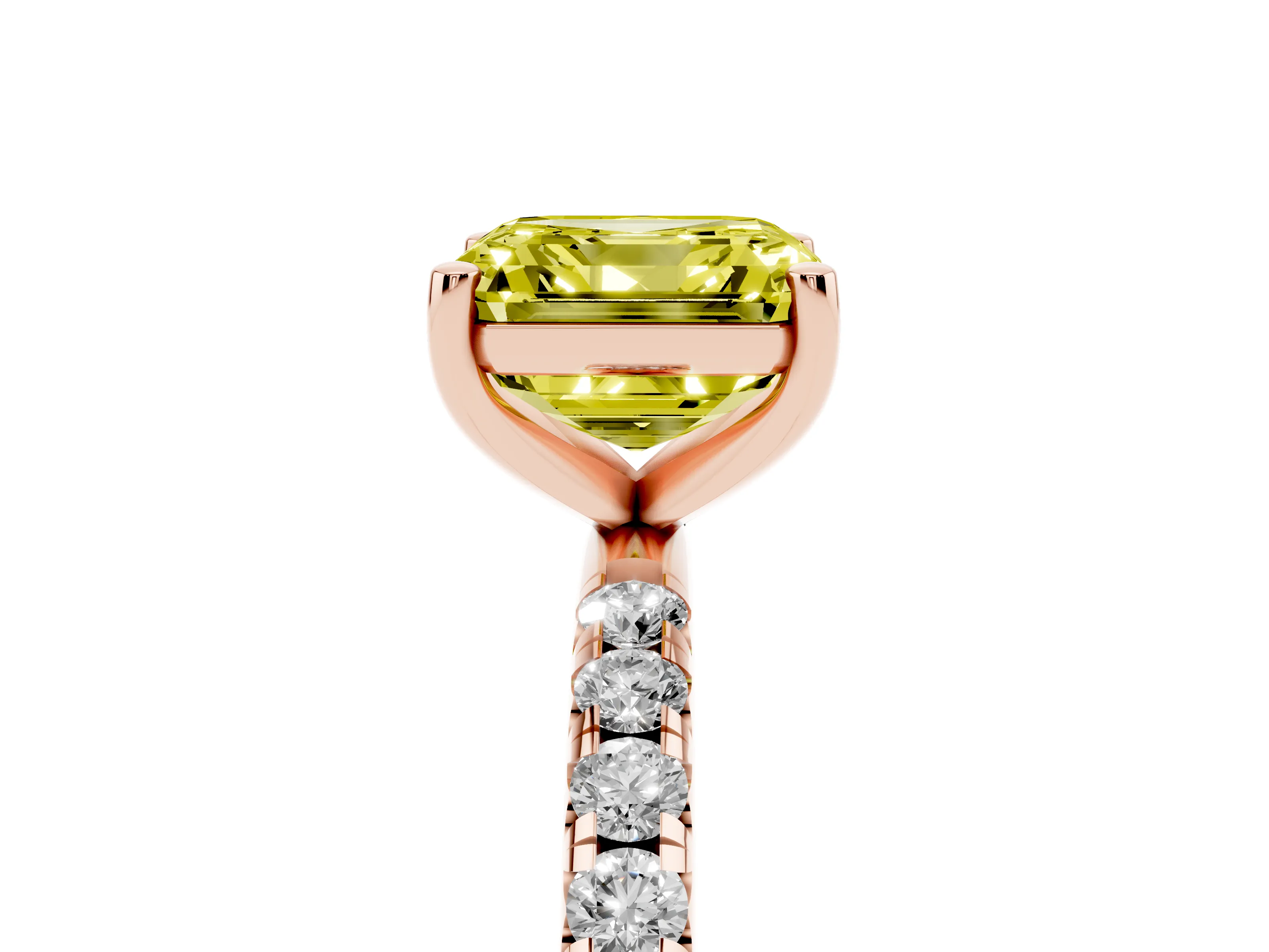 Fancy Yellow Asscher Cut Diamond Solitaire Ring Set in Rose gold with Micro Pavé Band and Prong Setting