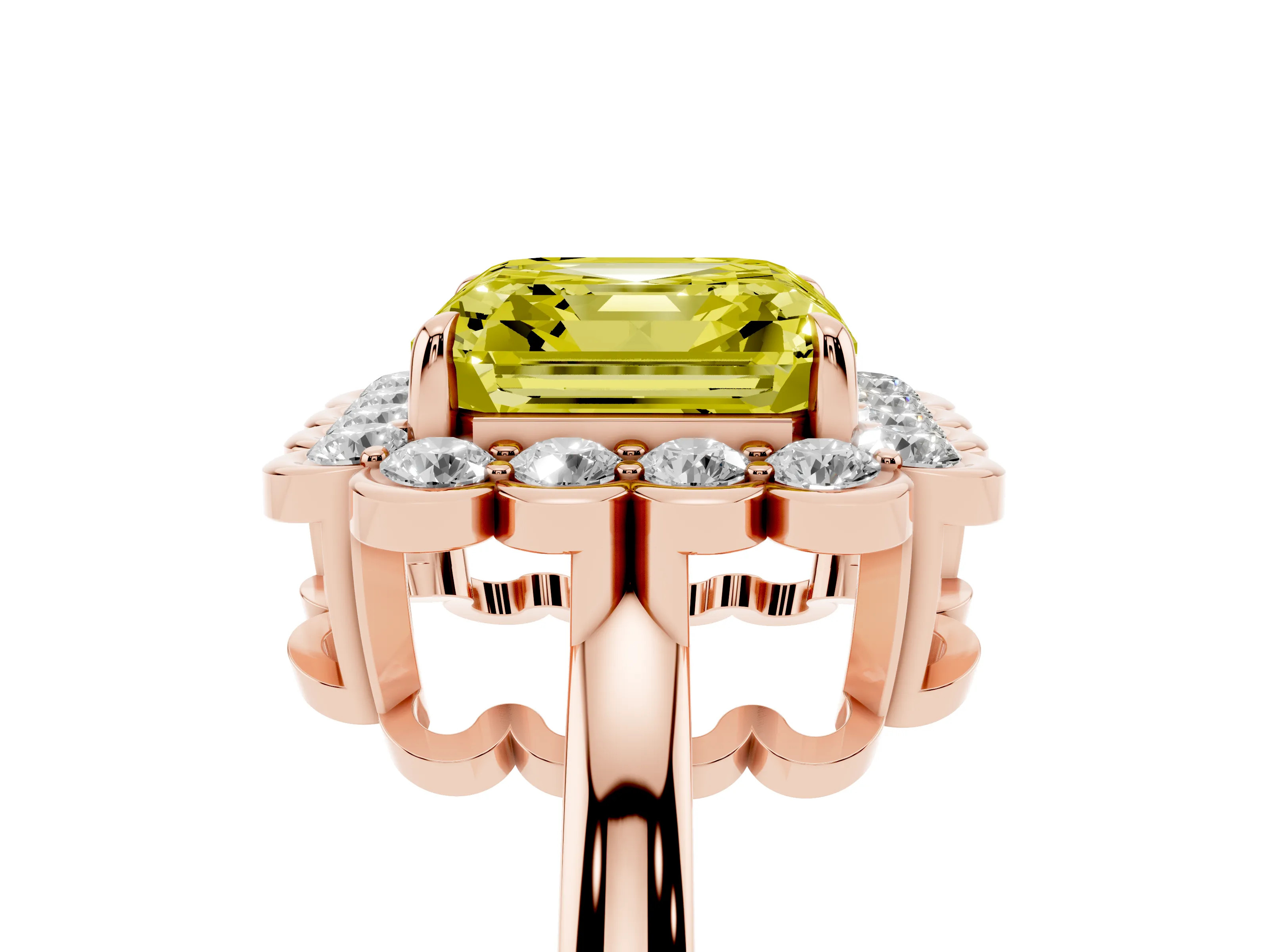 Fancy Yellow Asscher Cut Diamond Halo Cluster Engagement Ring Set in Rose gold with Solitaire Band and Prong Setting