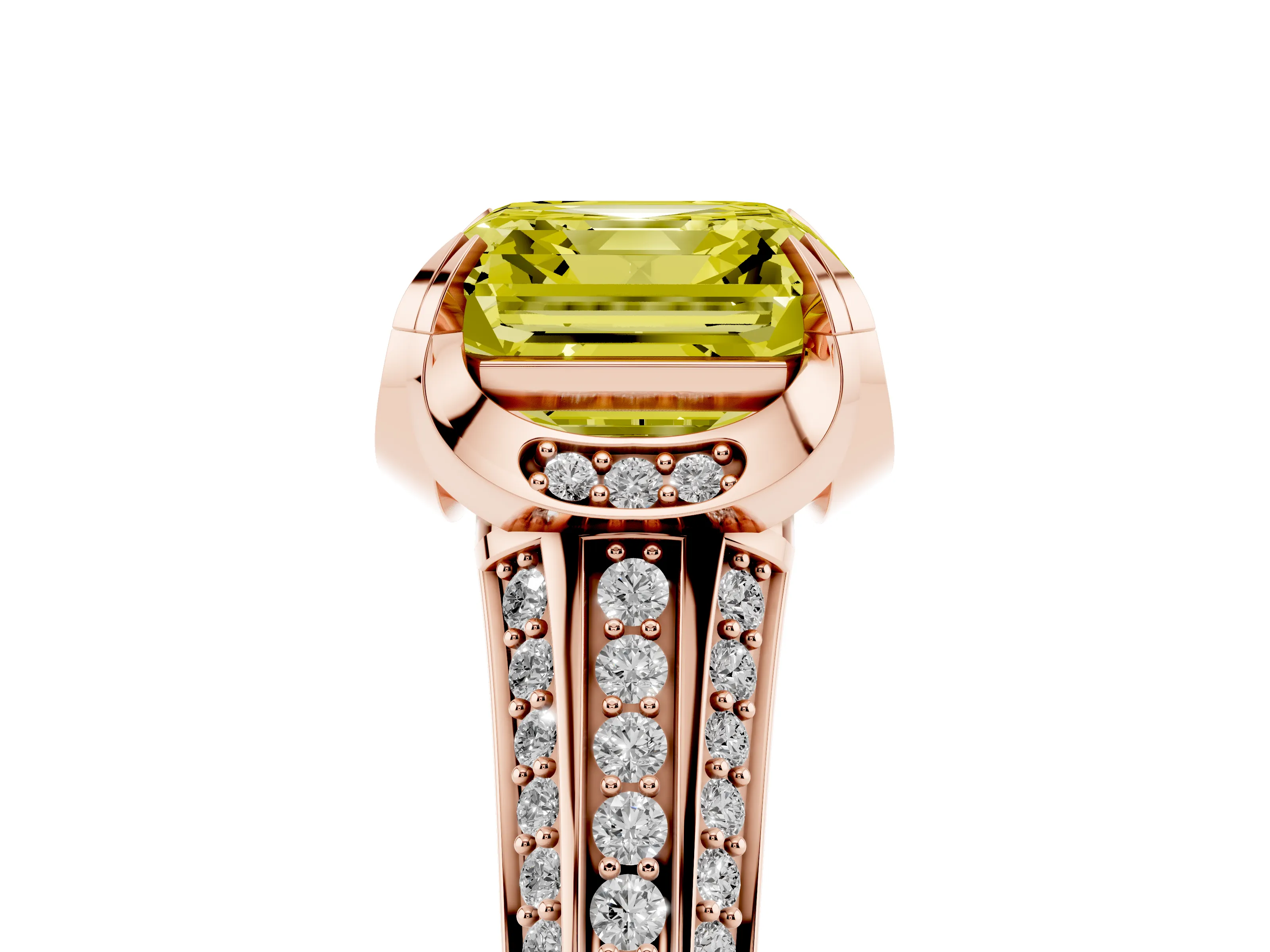 Fancy Yellow Asscher Cut Diamond Pavé Split Shank Solitaire Ring Set in Rose gold with Prong Setting