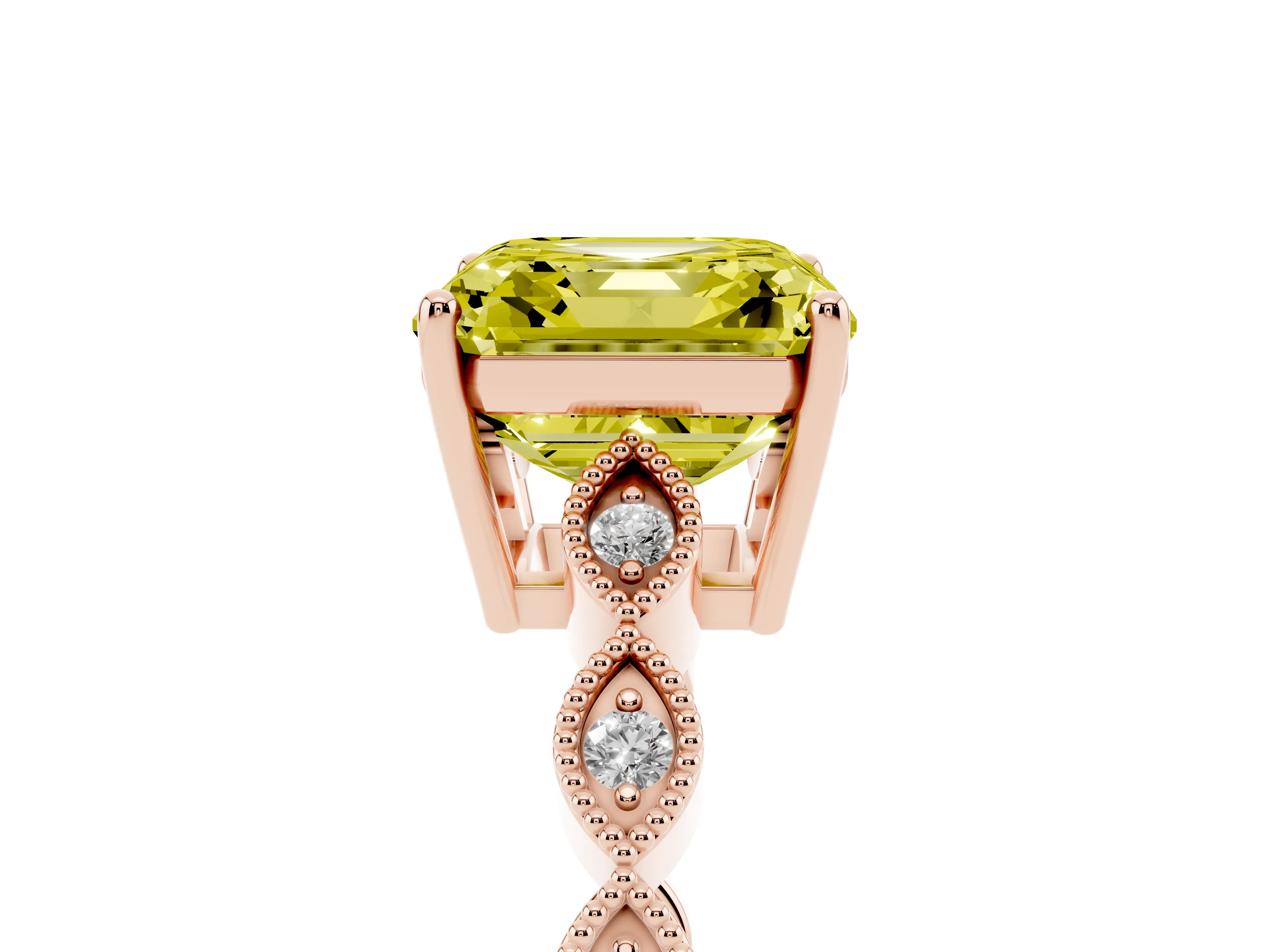 Fancy Yellow Asscher Cut Diamond Solitaire Ring Set in Rose gold with Infinity Twist Pavé Band