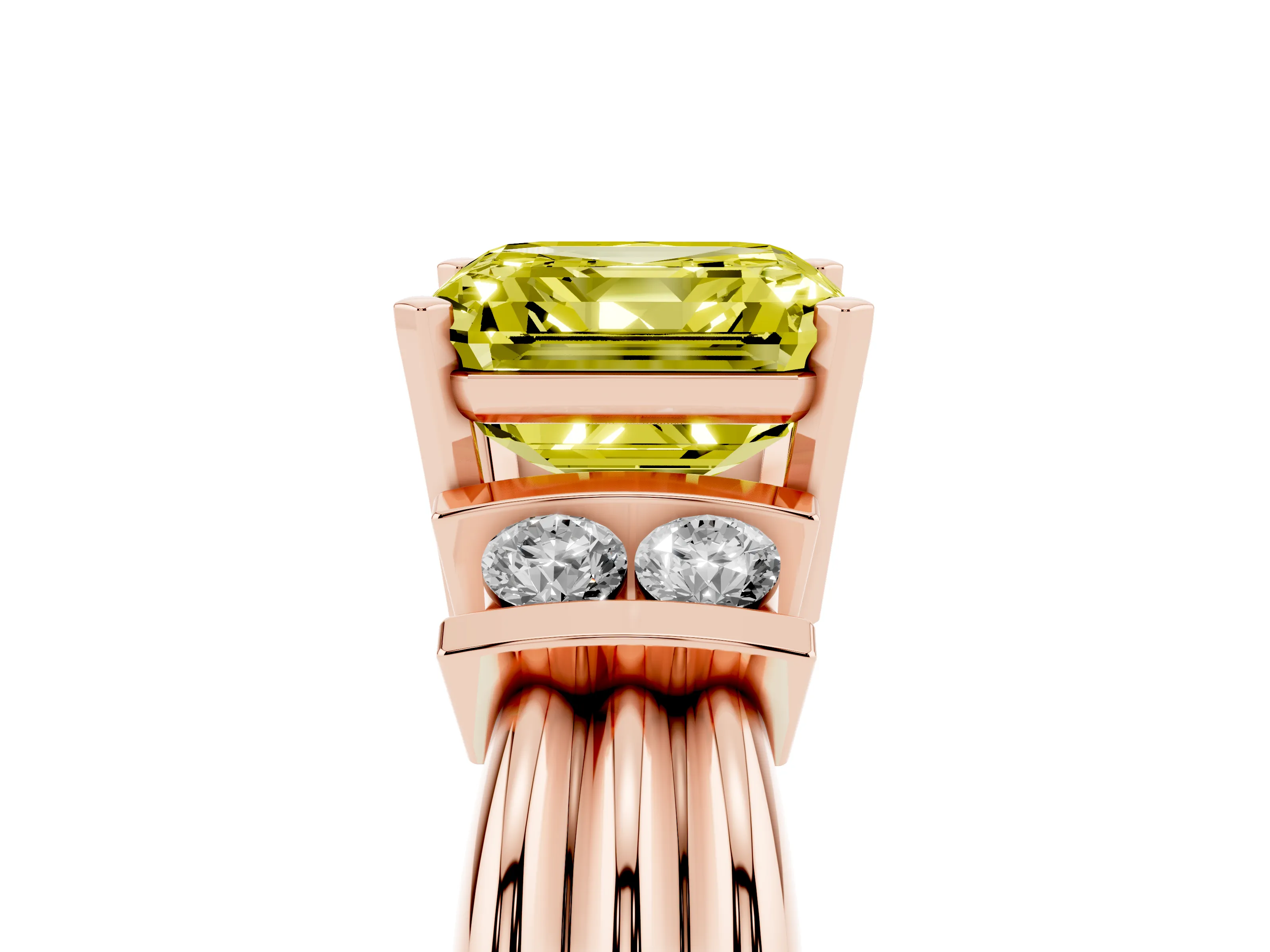 Fancy Yellow Three-Stone Asscher Cut Diamond Channel Set Ring Set in Rose gold with Bar Prongs