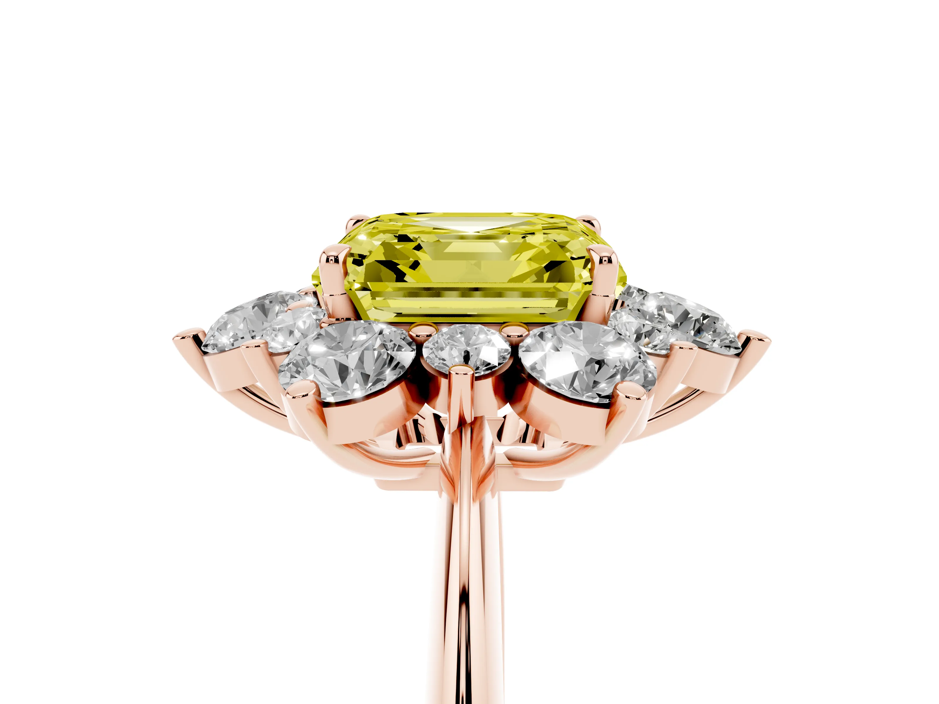 Fancy Yellow Asscher Cut Diamond Cluster Halo Ring Set in Rose gold with Solitaire Band and Prong Setting